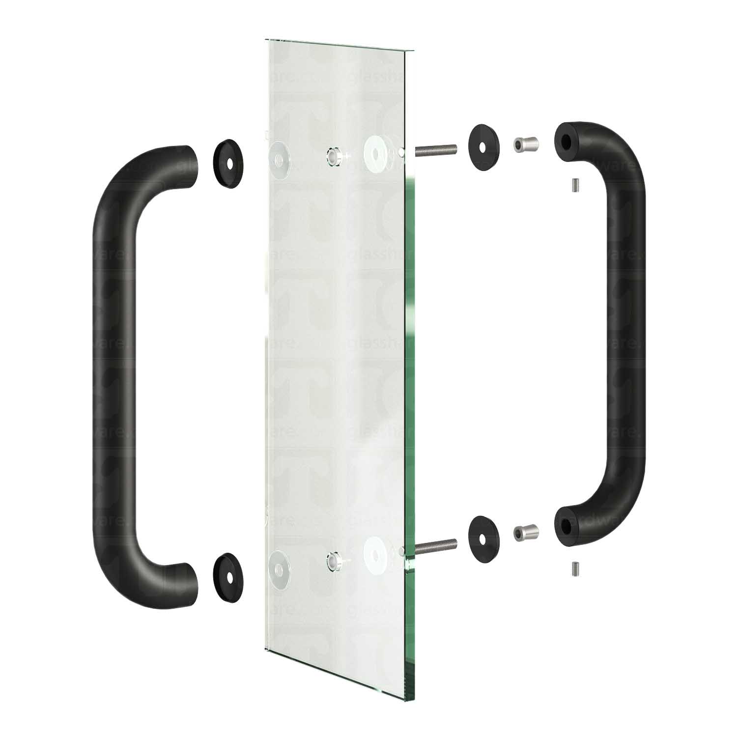 An exploded view of the 12-inch Back-to-Back Round Pull Handle in Matte Black, installed on glass.