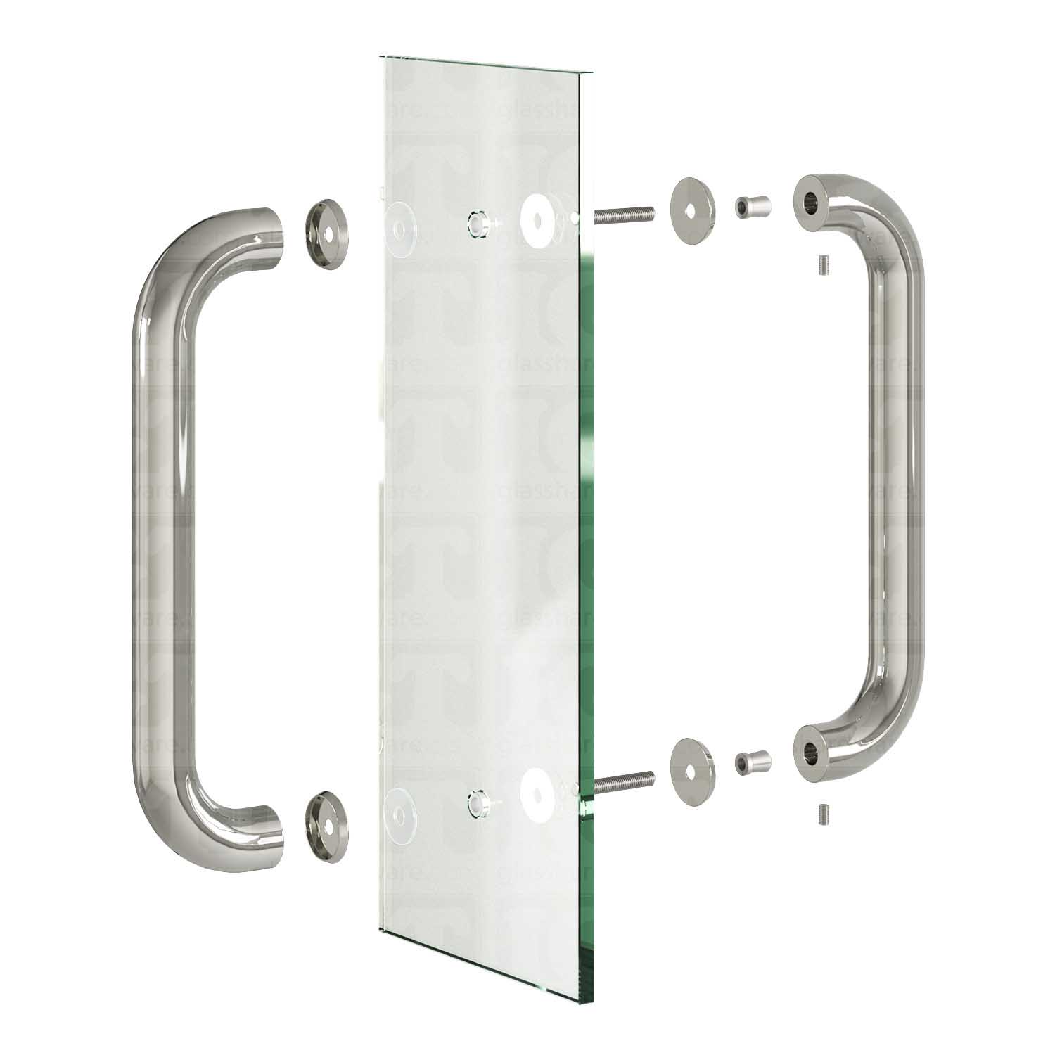An exploded view of the 12-inch Back-to-Back Round Pull Handle in Polished Stainless, installed on glass.