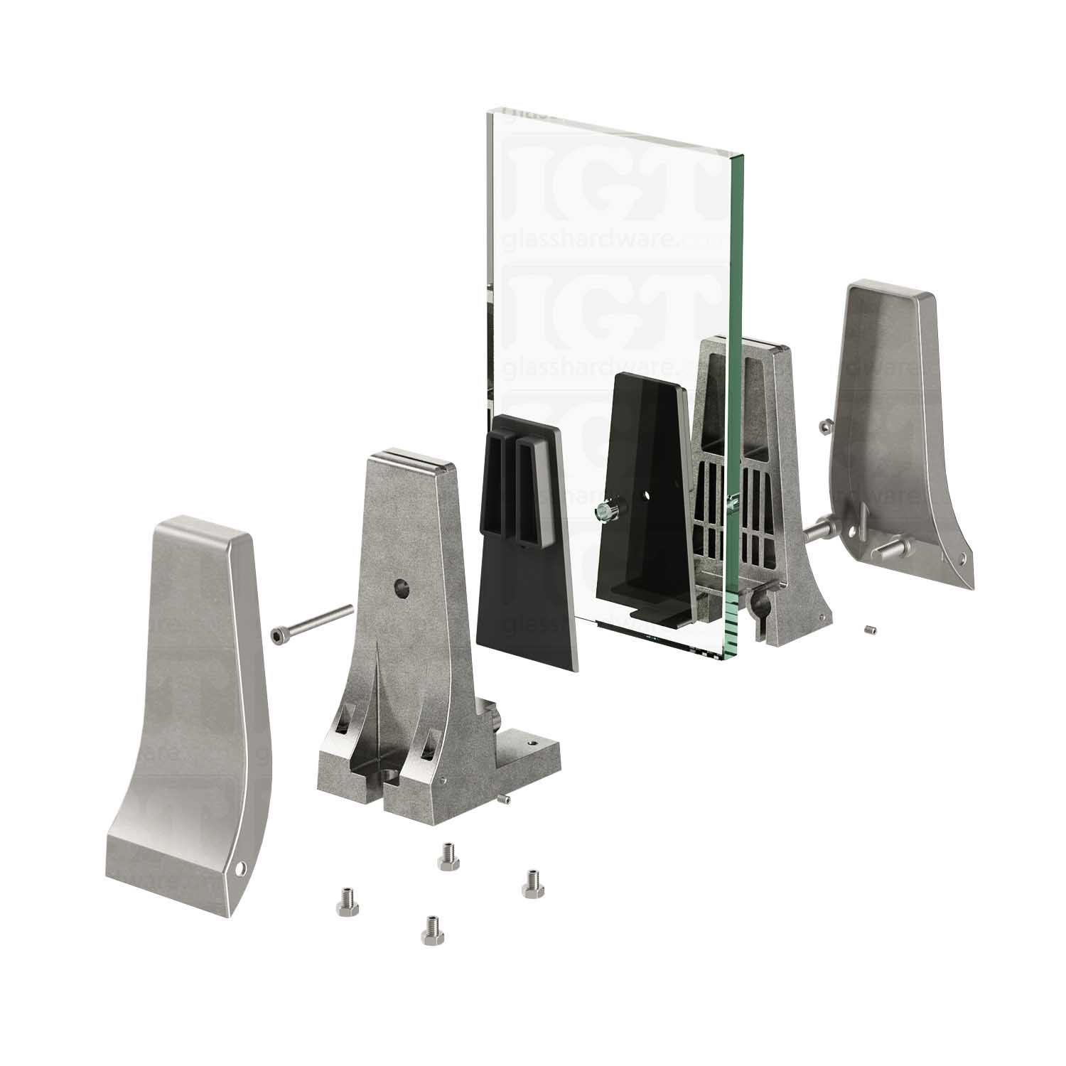 Exploded view of a 316L Stainless Steel Chameleon Spigot assembly. The spigots plates, gaskets and screws are being installed onto a glass panel. Brushed Stainless.
