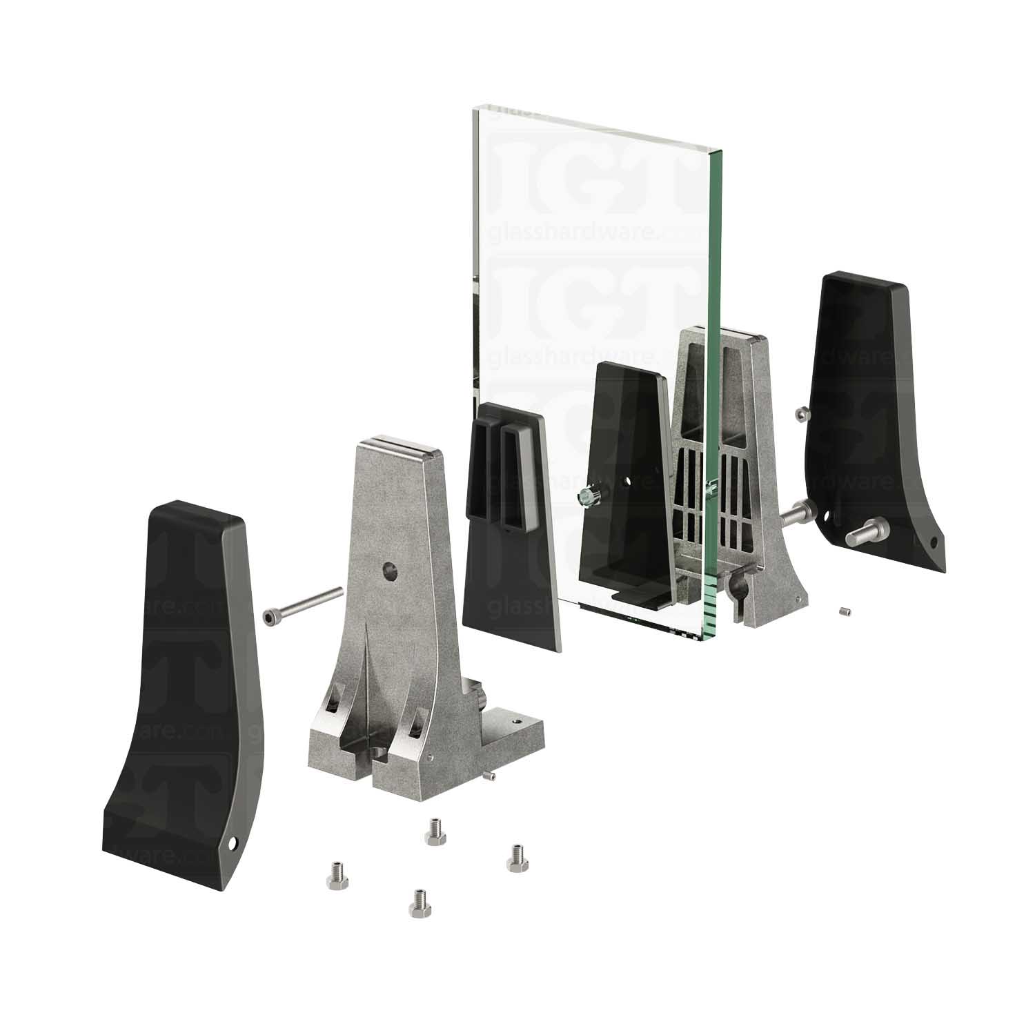 Exploded view of a 316L Stainless Steel Chameleon Spigot assembly. The spigots plates, gaskets and screws are being installed onto a glass panel. Matte Black.