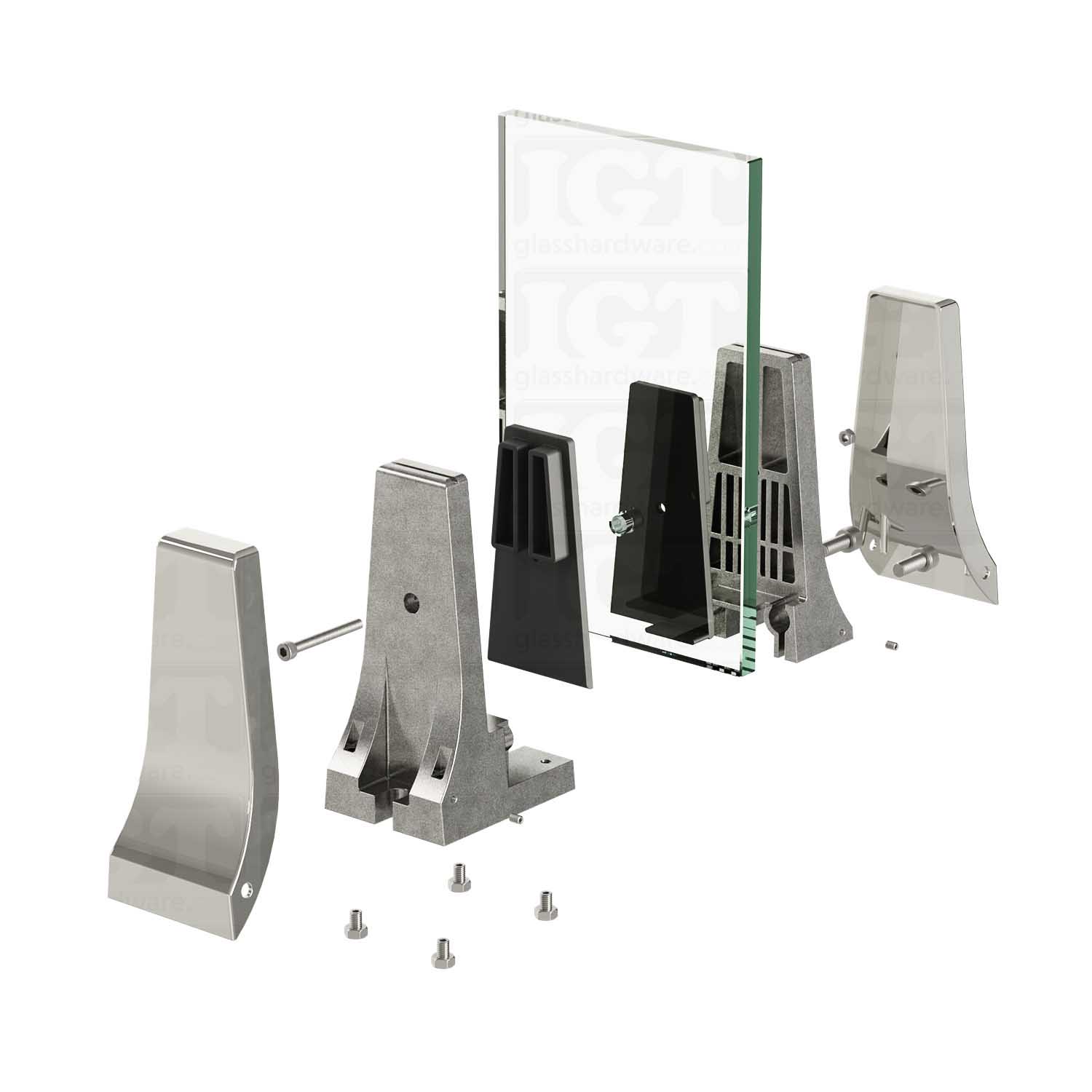 Exploded view of a 316L Stainless Steel Chameleon Spigot assembly. The spigots plates, gaskets and screws are being installed onto a glass panel. Polished Stainless.