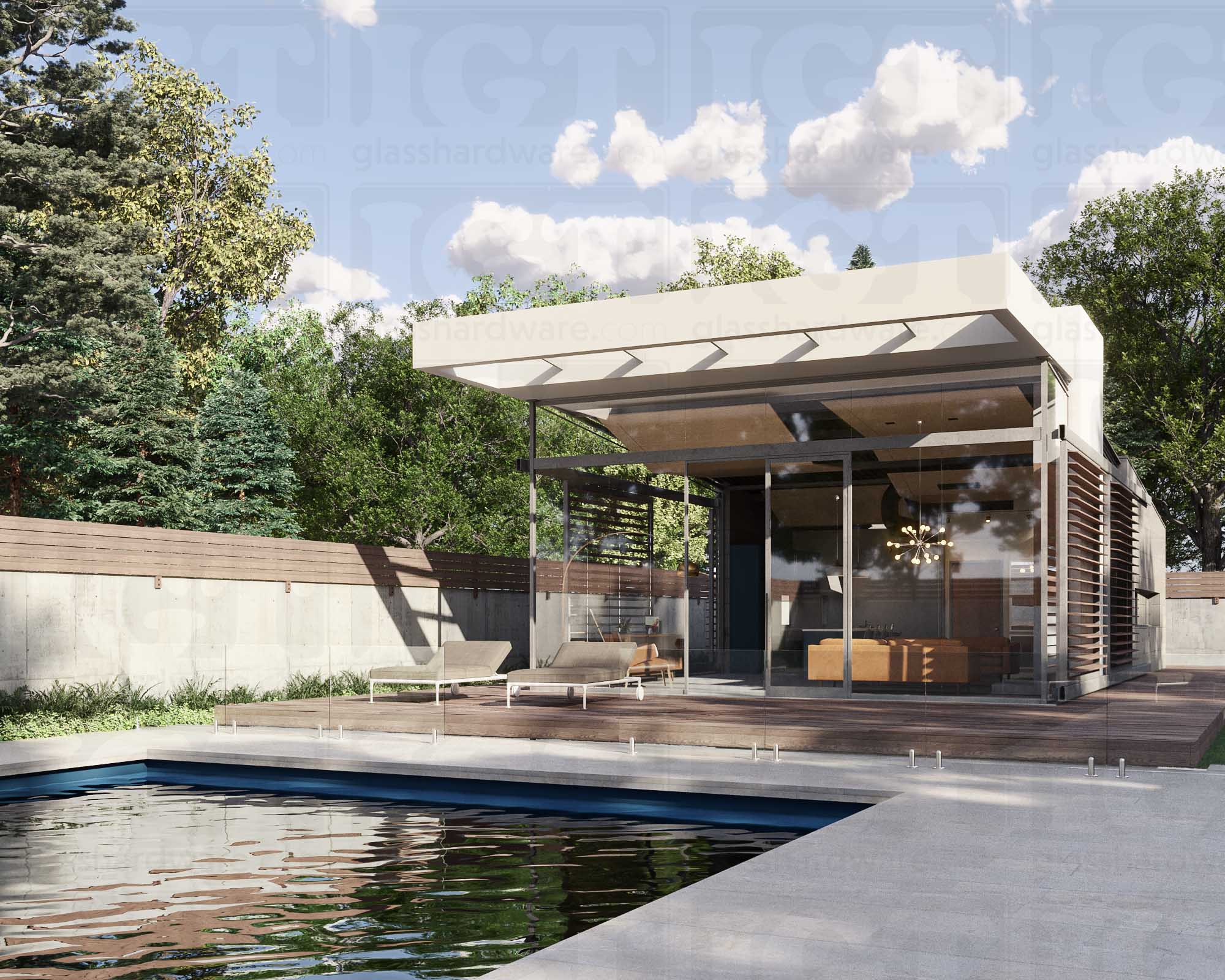 An outdoor poolside area featuring glass railing supported by 316L Stainless Steel Round Spigots. Brushed Stainless.