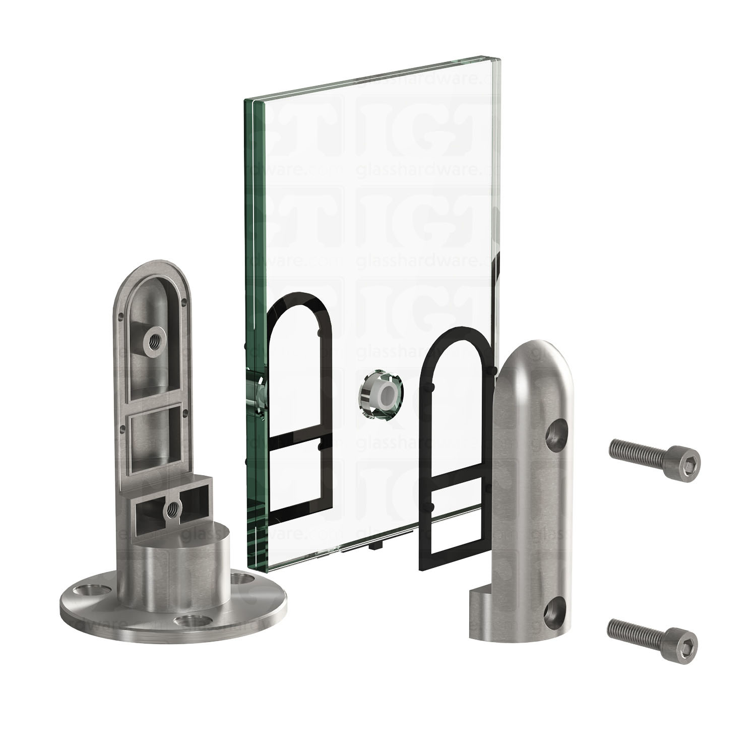 Exploded view of a 316L Stainless Steel Round Spigot assembly. The spigots plates, gaskets and screws are being installed onto a glass panel. Brushed Stainless.