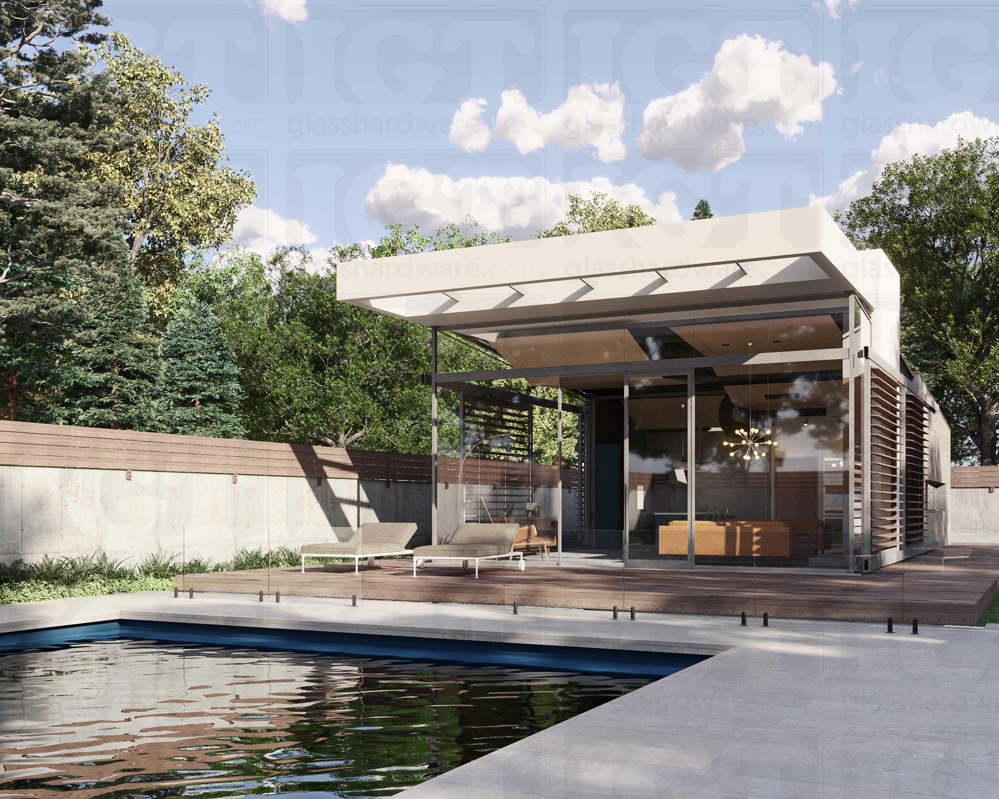 An outdoor poolside area featuring glass railing supported by 316L Stainless Steel Round Spigots. Matte Black.