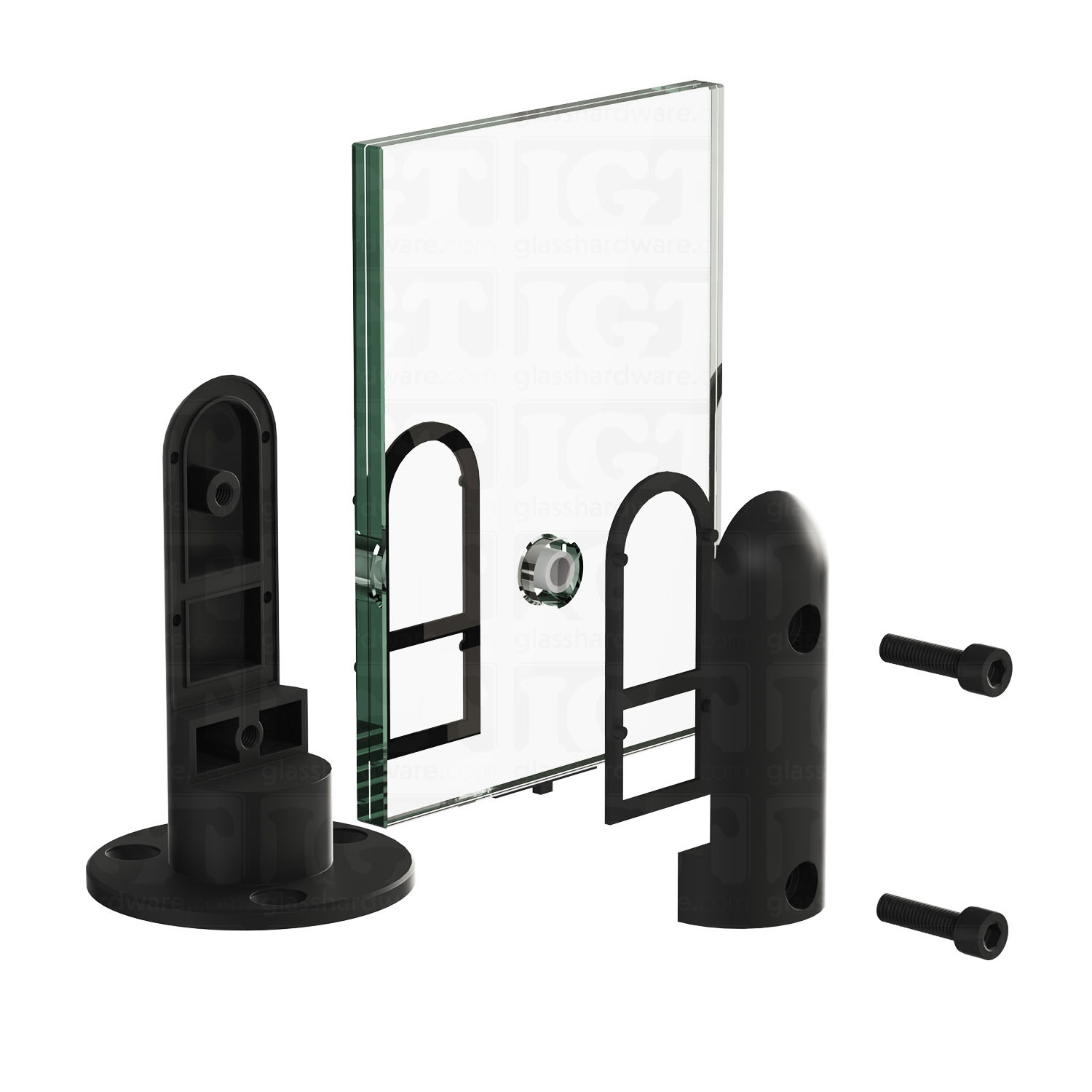 Exploded view of a 316L Stainless Steel Round Spigot assembly. The spigot’s plates, gaskets, and screws are being installed onto a glass panel. Matte Black.