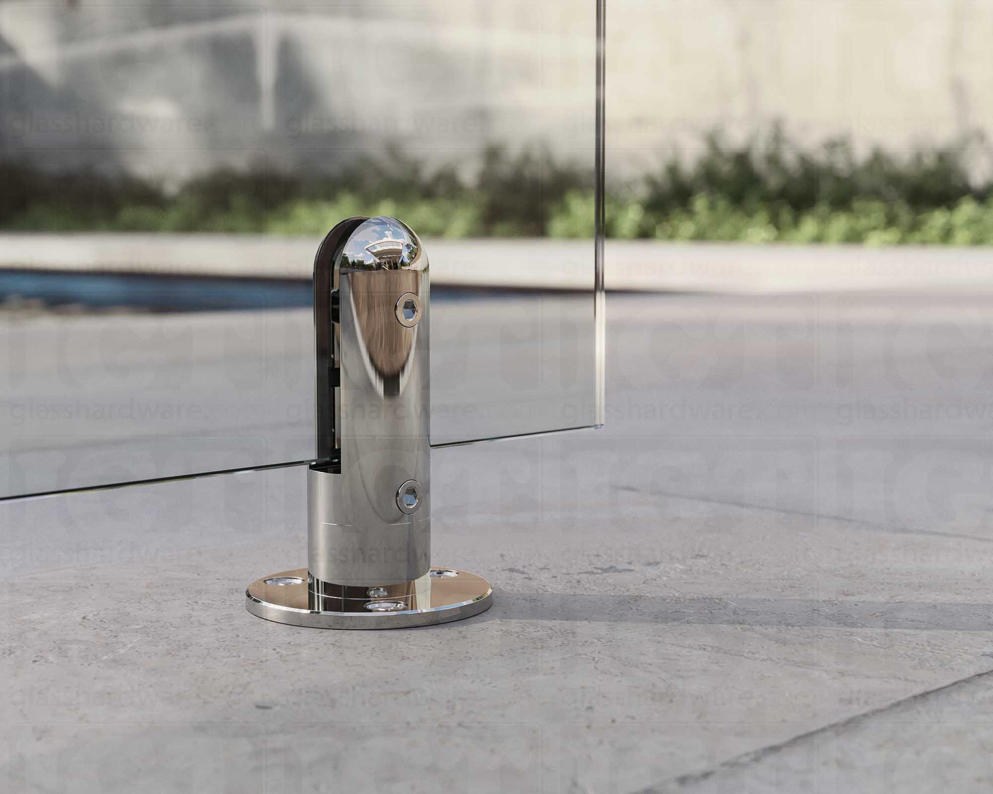 A close up of the 316L Stainless Steel Round Spigot supporting a glass railing system. Polished Stainless.