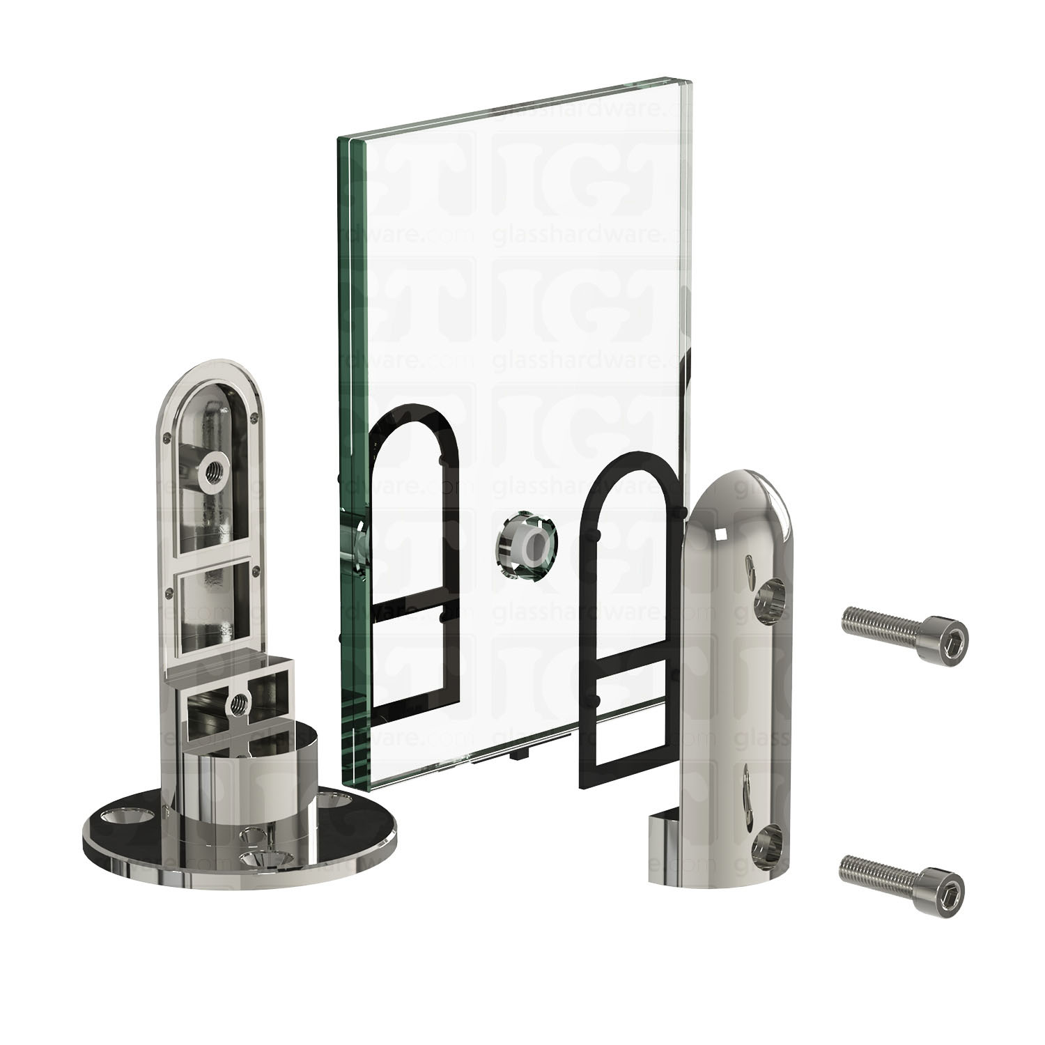 Exploded view of a 316L Stainless Steel Round Spigot assembly. The spigot’s plates, gaskets, and screws are being installed onto a glass panel. Polished Stainless.
