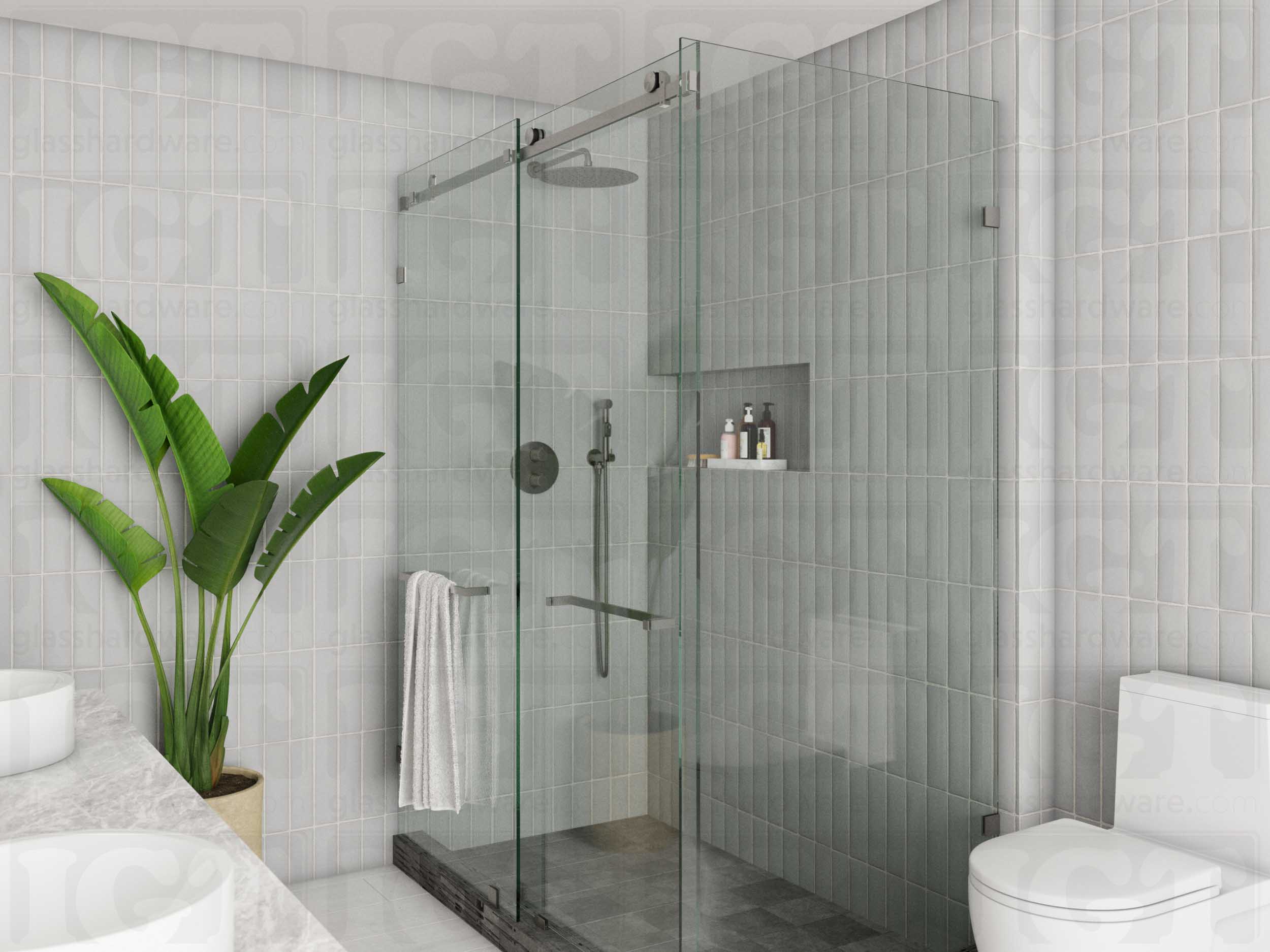 A modern bathroom with a sliding shower door system featuring the 90 Degree Connector joining the return and inline panels. Brushed Stainless.