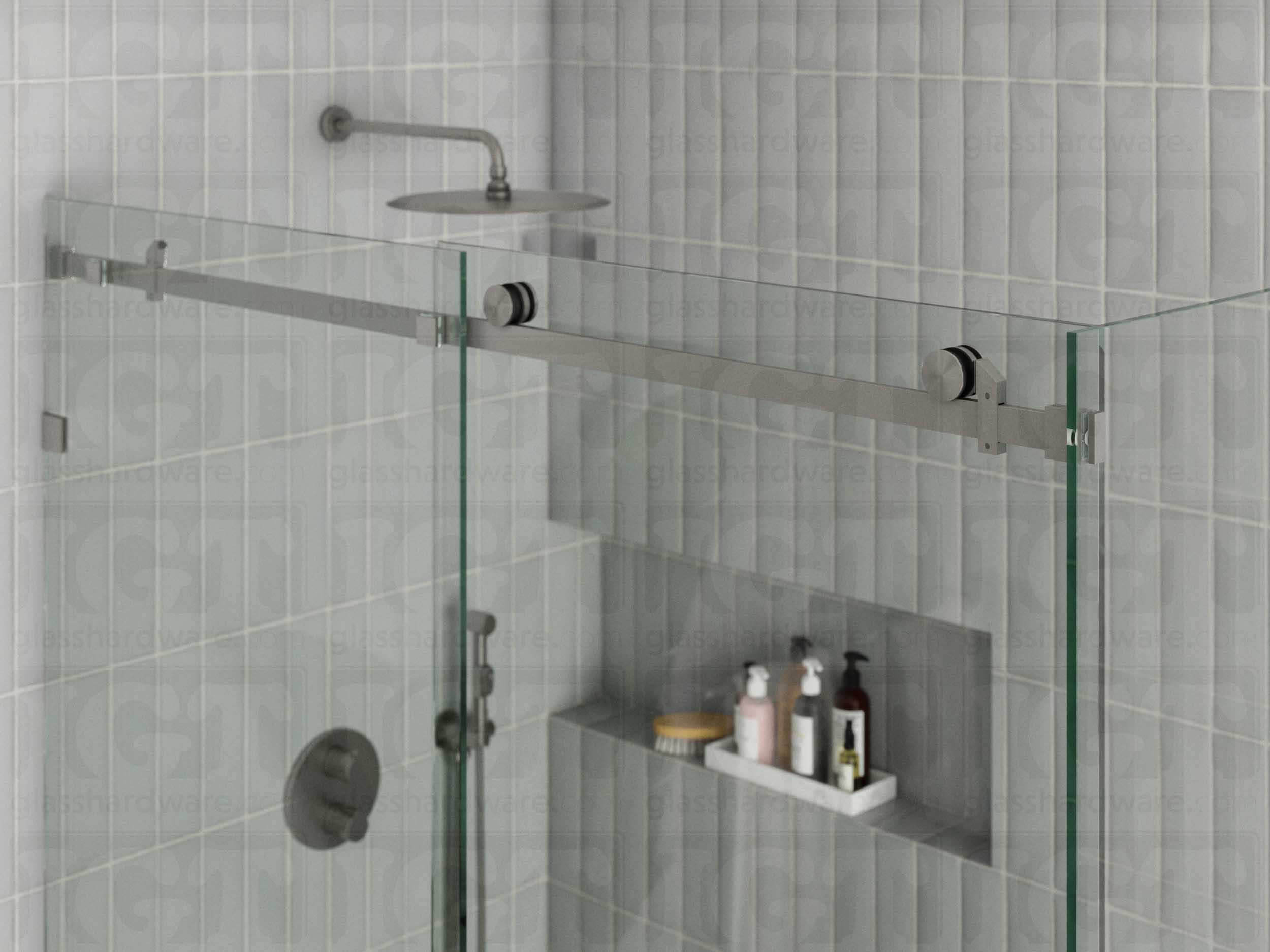 A close-up view of the sliding door system's hardware, featuring the 90 Degree Connector securing a return panel. Brushed Stainless.