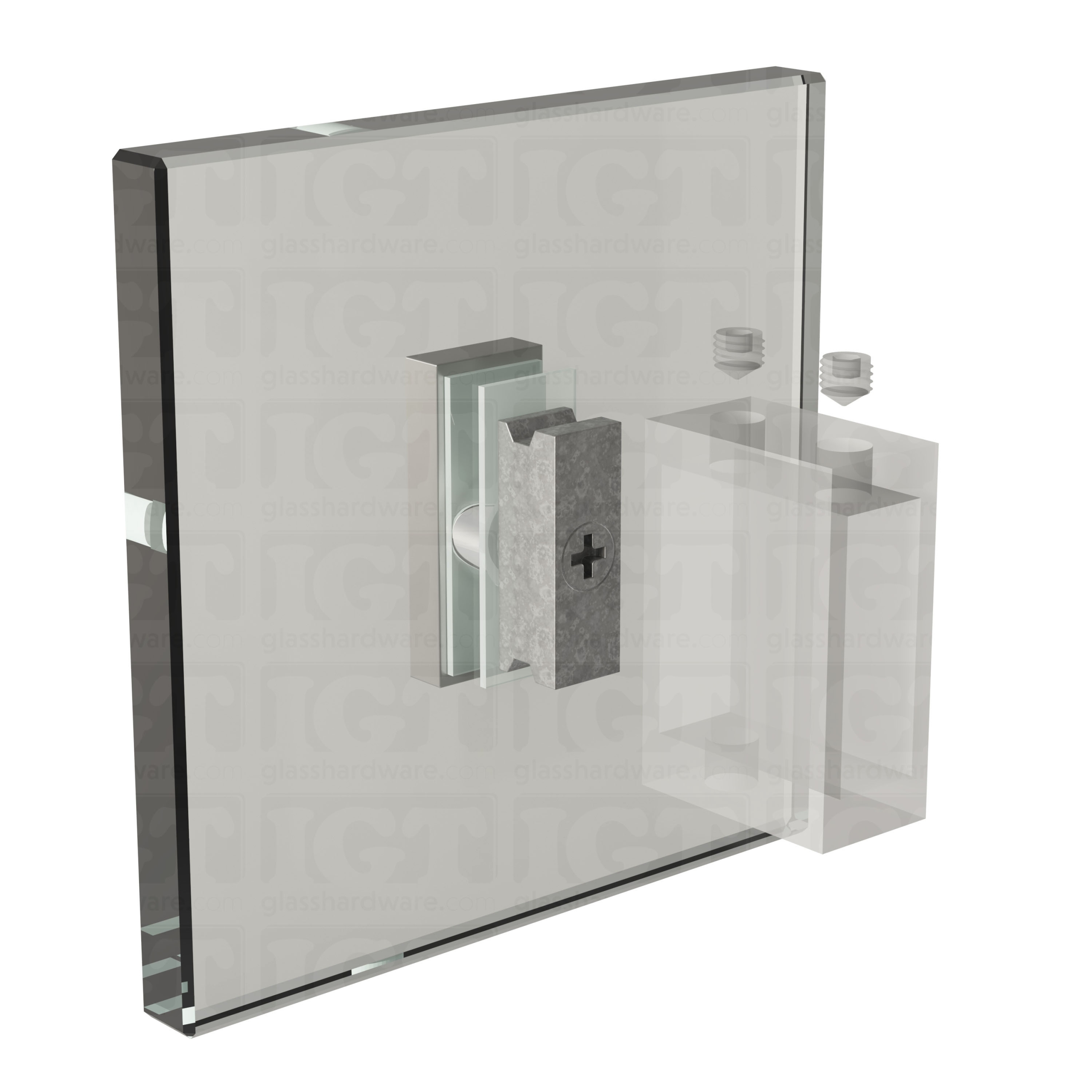 An exploded view of a 90 Degree Connector being fitted onto the sliding system's wall mount fitting. Brushed Stainless.