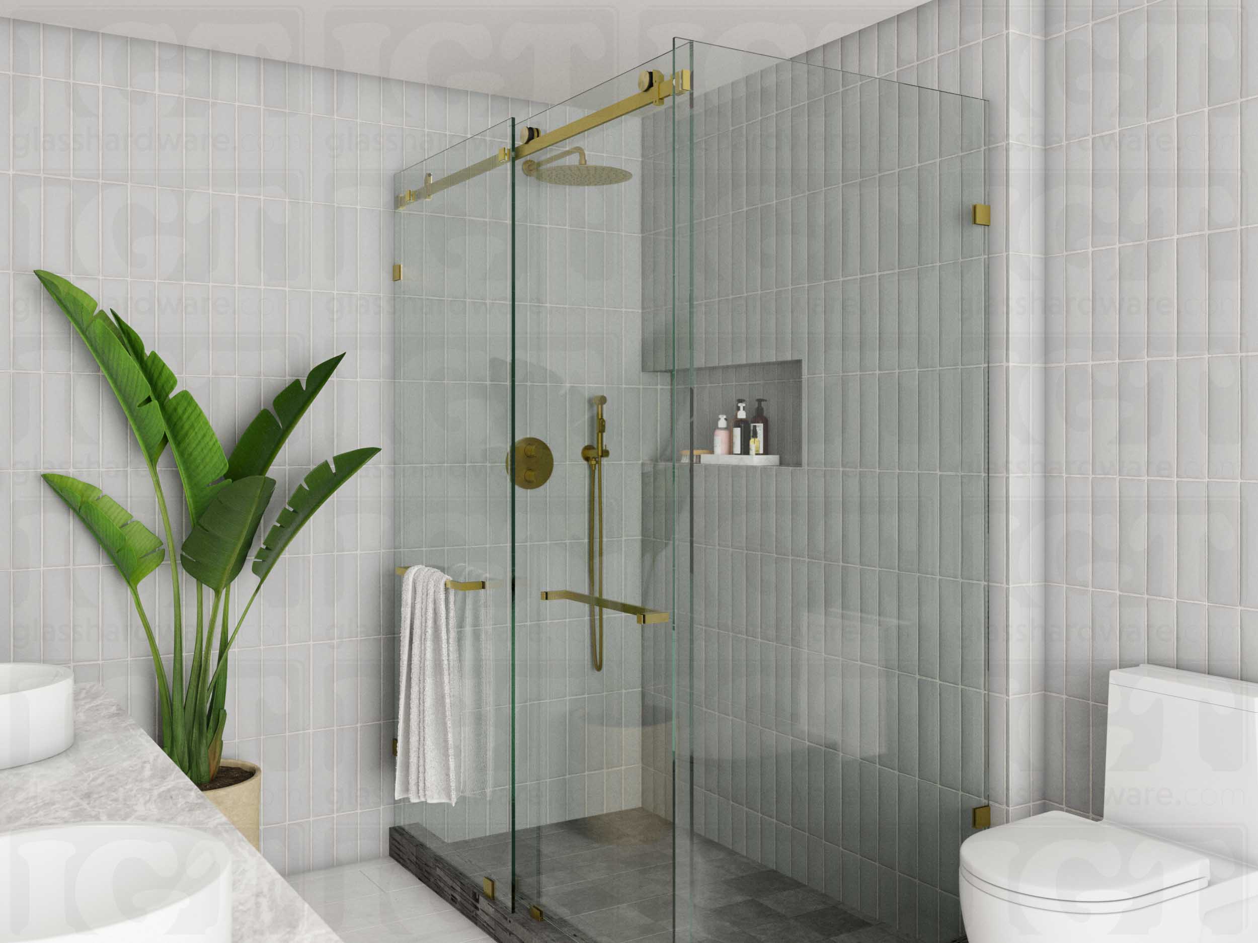 A modern bathroom with a sliding shower door system featuring the 90 Degree Connector joining the return and inline panels. Gold Brushed.