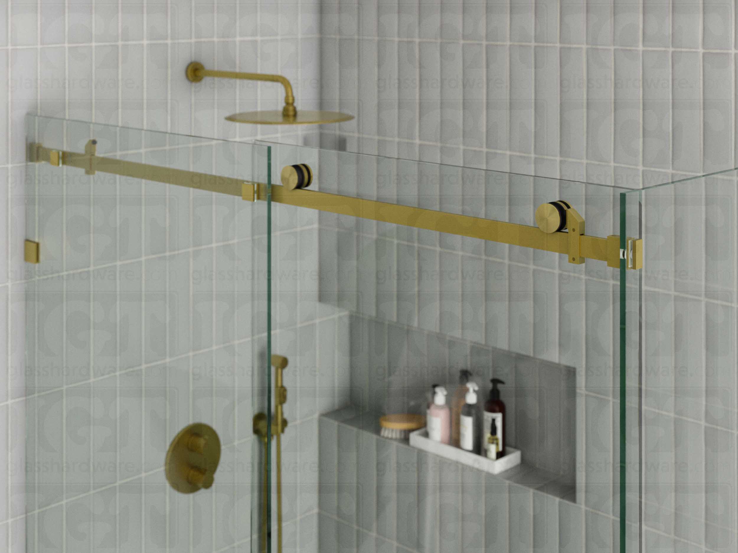 A close-up view of the sliding door system's hardware, featuring the 90 Degree Connector securing a return panel. Gold Brushed.