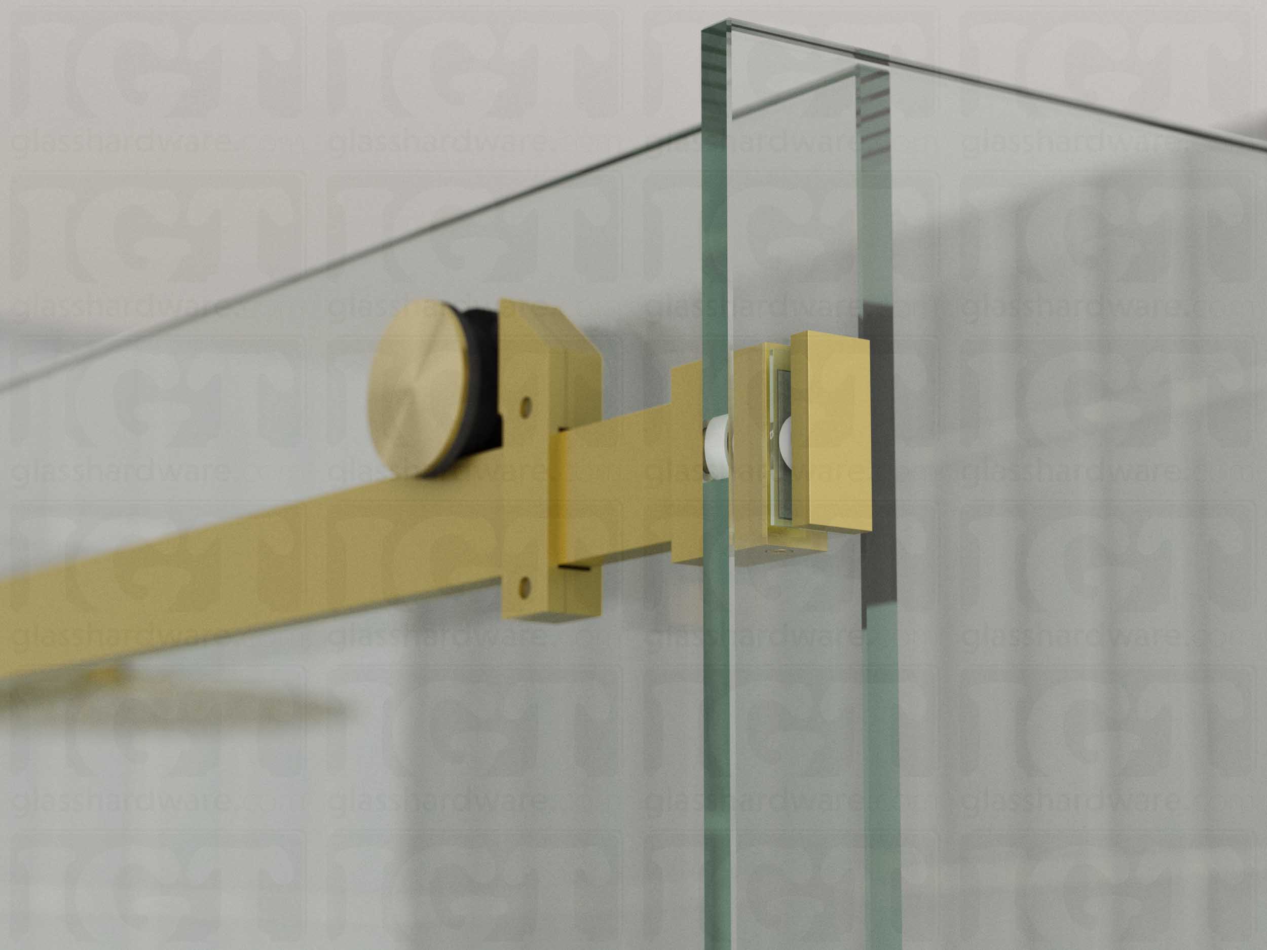 A close up view of the 90 Degree Connector fixed to the return panel and joined to the sliding door system's track. Gold Brushed.