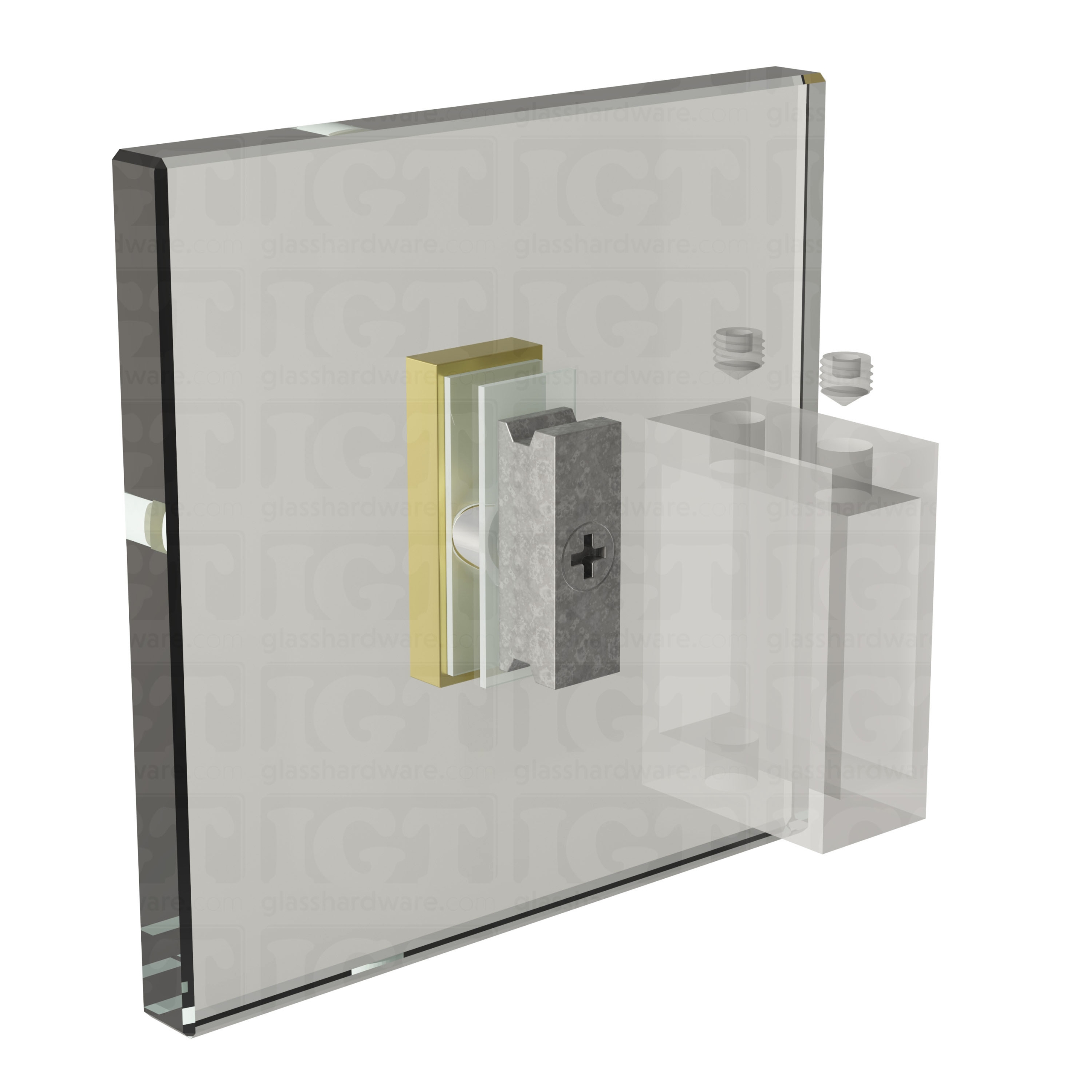 An exploded view of a 90 Degree Connector being fitted onto the sliding system's wall mount fitting. Gold Brushed.