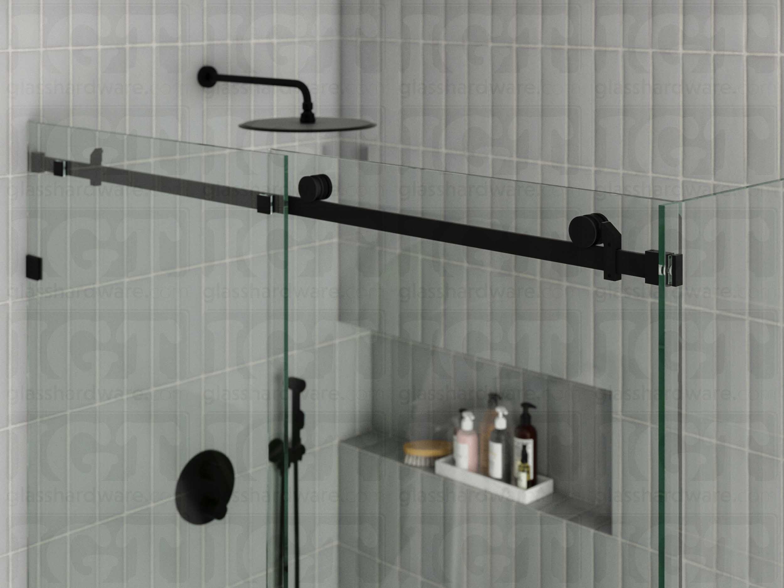 A close-up view of the sliding door system's hardware, featuring the 90 Degree Connector securing a return panel. Matte Black.