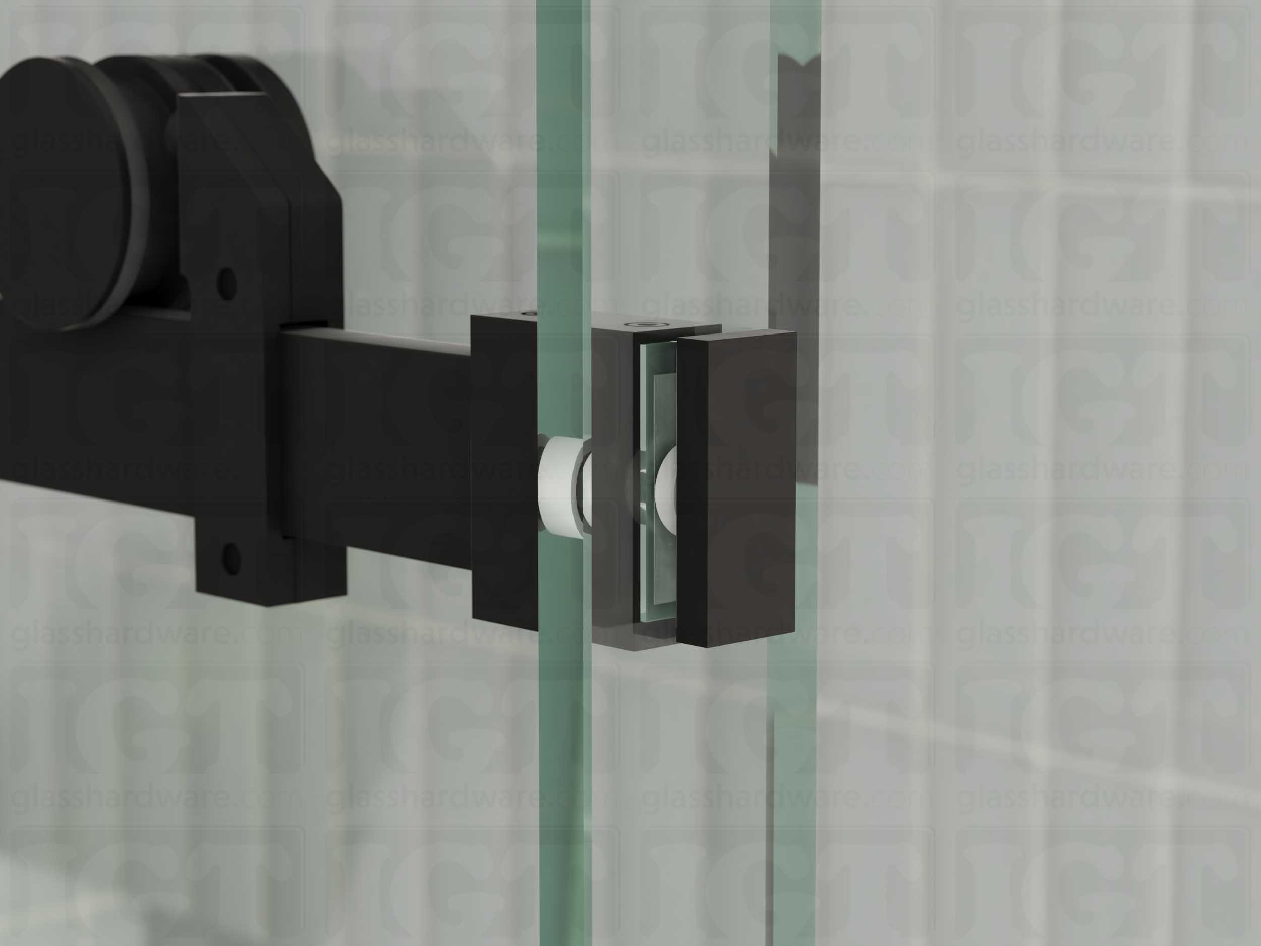 A close up view of the 90 Degree Connector installed on a sliding shower door system. Matte Black.
