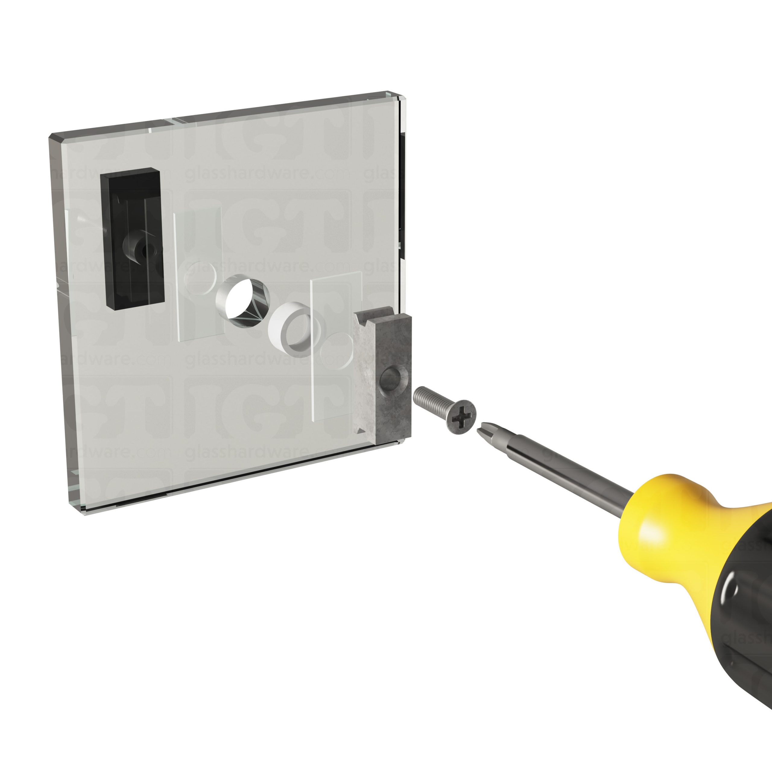An exploded view of a 90 Degree Connector assembly. The image shows the connector's components being fitted onto a glass panel. Matte Black.