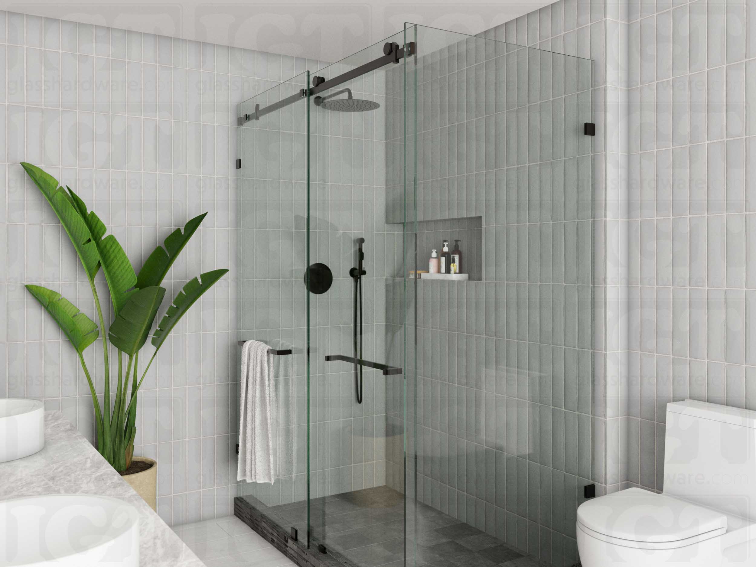 A modern bathroom with a sliding shower door system featuring the 90 Degree Connector joining the return and inline panels. Oil Rubbed Bronze.