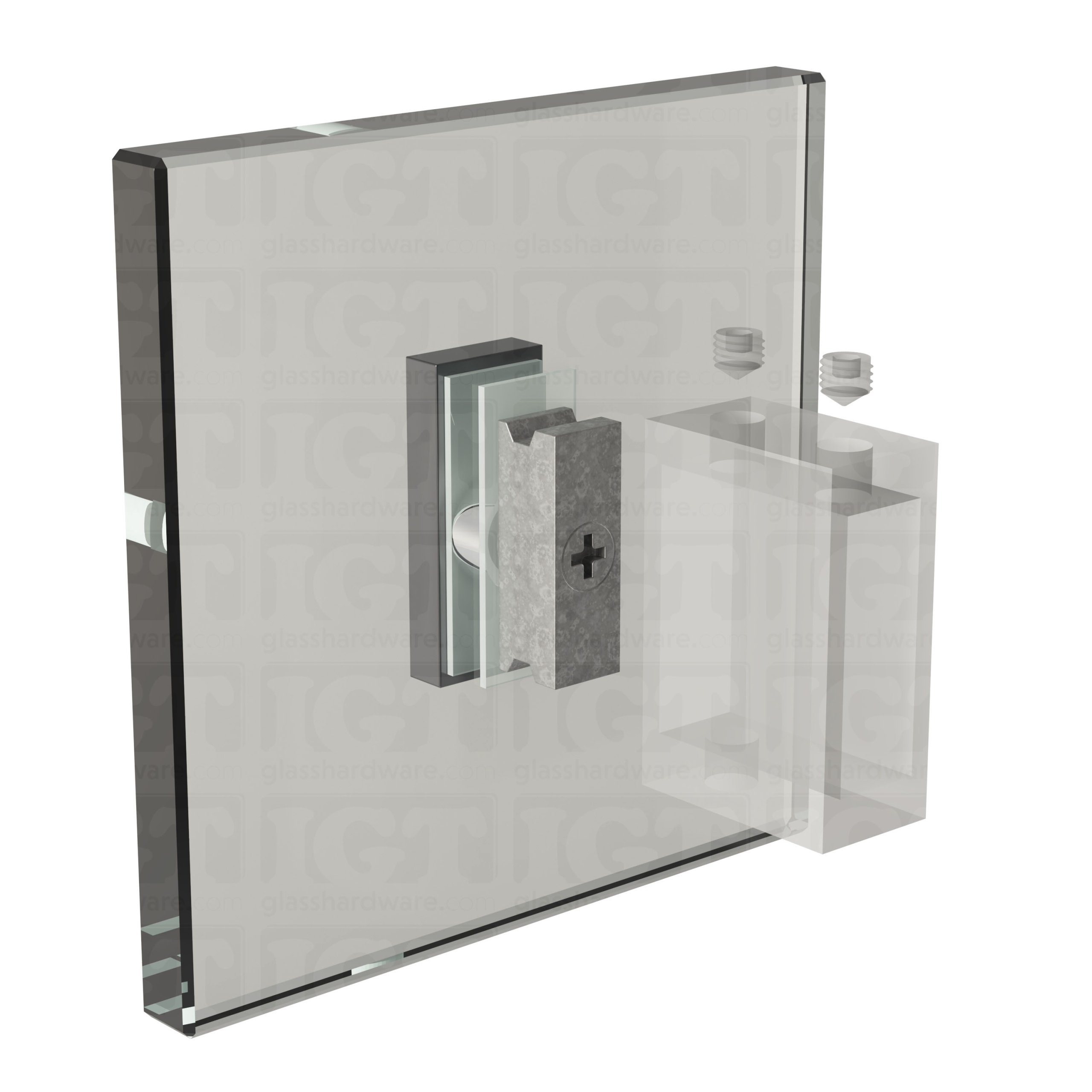 An exploded view of a 90 Degree Connector being fitted onto the sliding system's wall mount fitting. Polished Gun Metal.