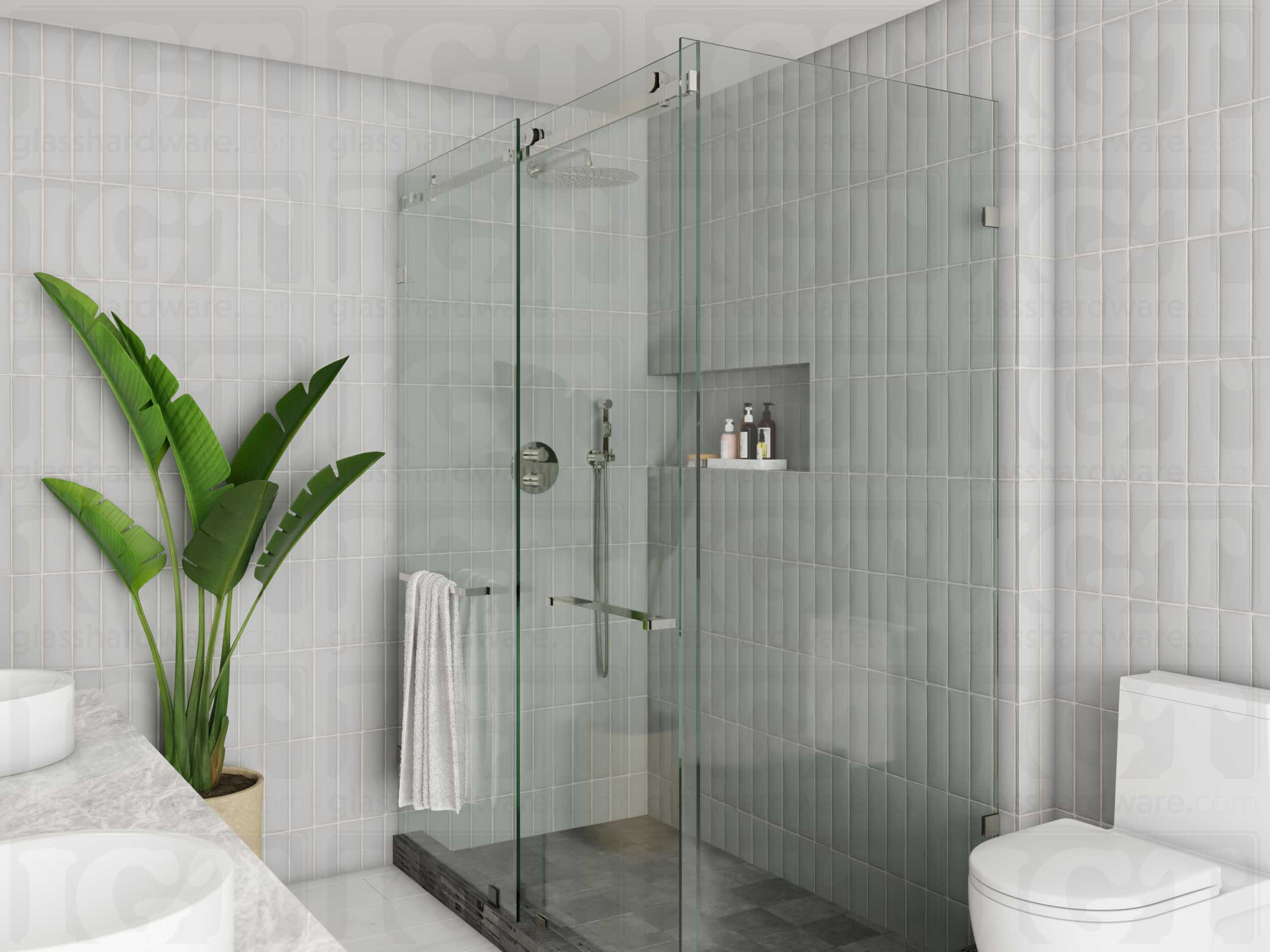 A modern bathroom with a sliding shower door system featuring the 90 Degree Connector joining the return and inline panels. Polished Stainless.