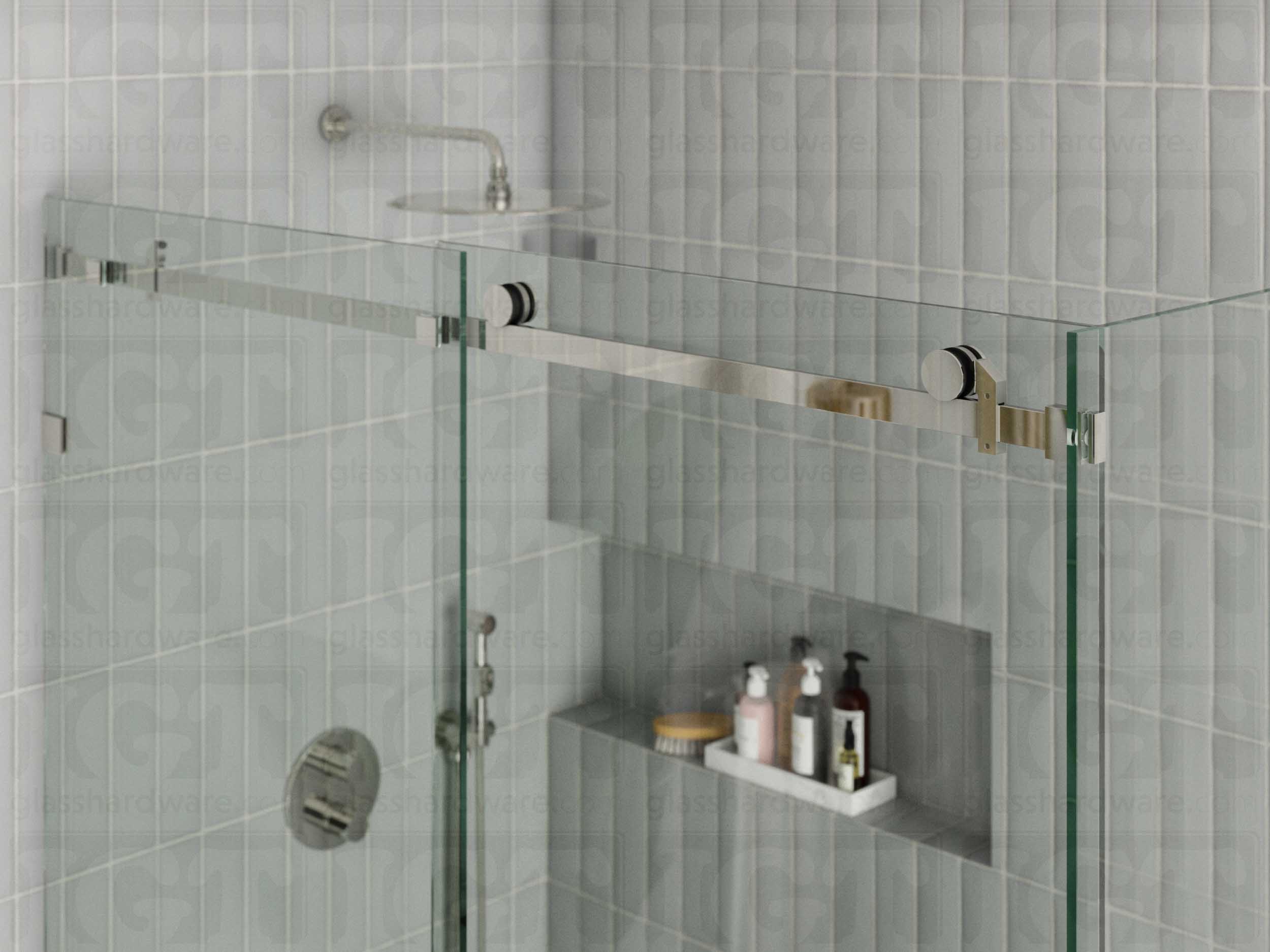 A close-up view of the sliding door system's hardware, featuring the 90 Degree Connector securing a return panel. Polished Stainless.