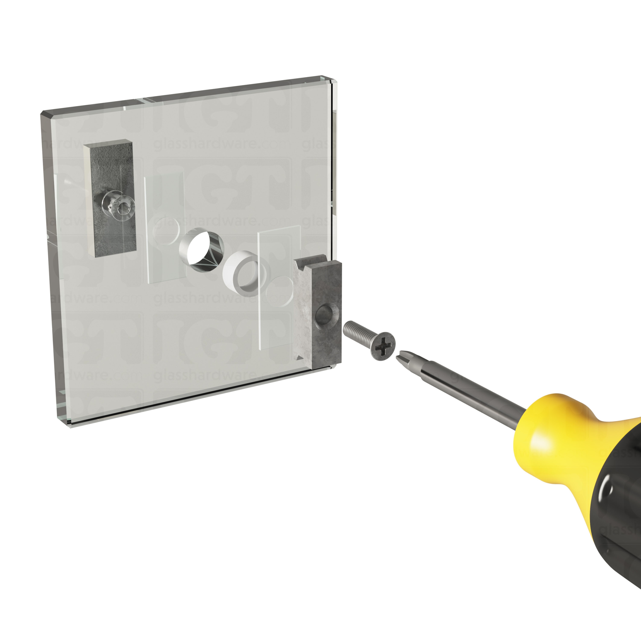 An exploded view of a 90 Degree Connector being fitted onto the sliding system's wall mount fitting. Polished Stainless.