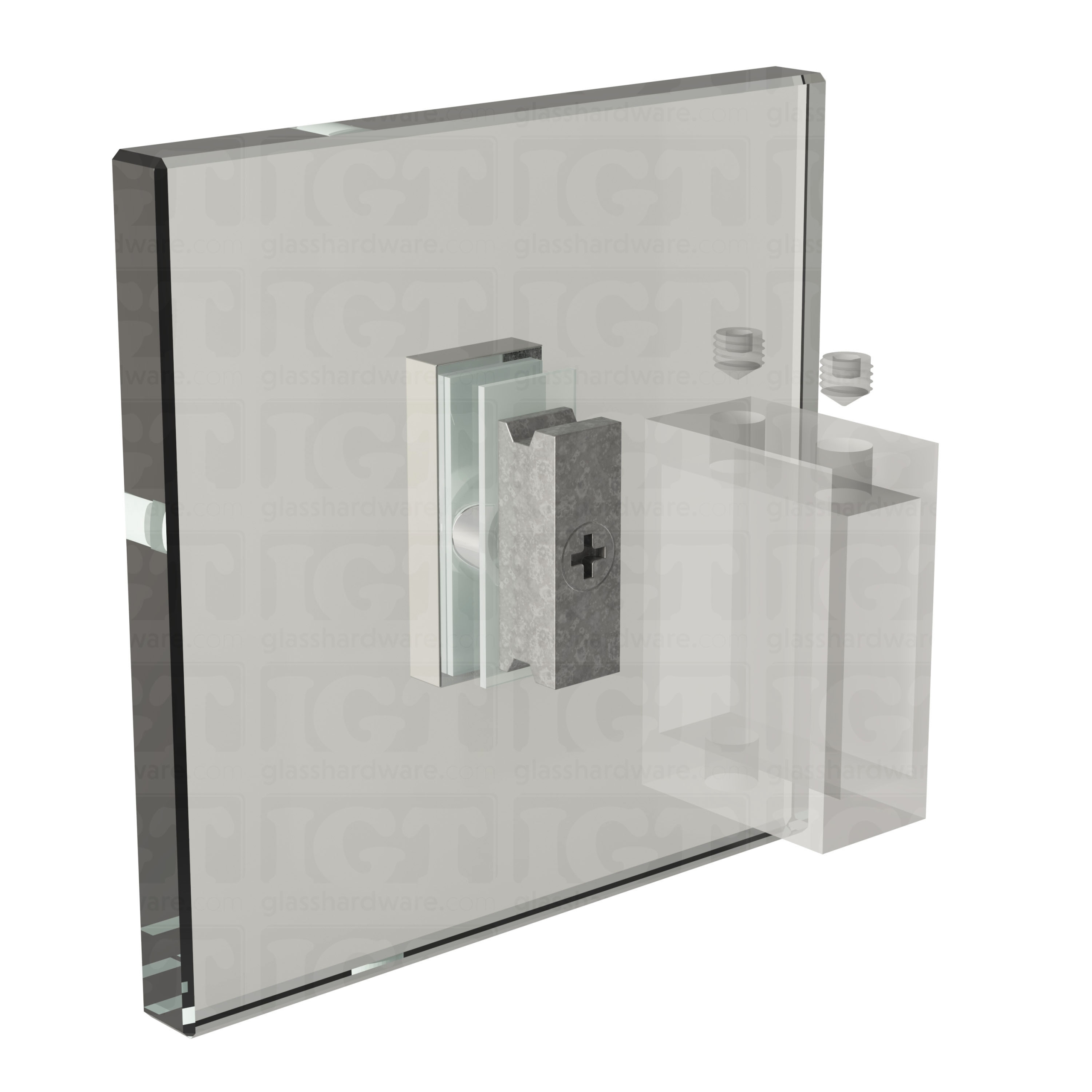 An exploded view of a 90 Degree Connector assembly. The image shows the connector's components being fitted onto a glass panel. Polished Stainless.