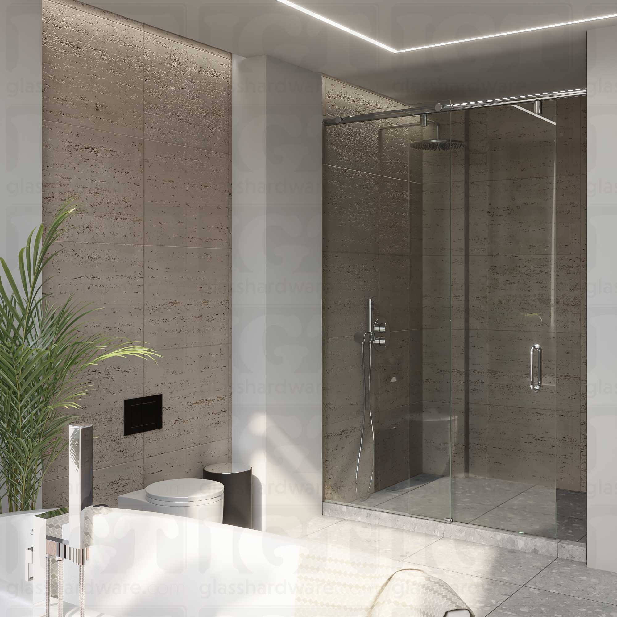 A modern bathroom featuring a sliding door system with the Floor Guide for Modern Sliding System installed at the base of the shower. Chrome Polished.