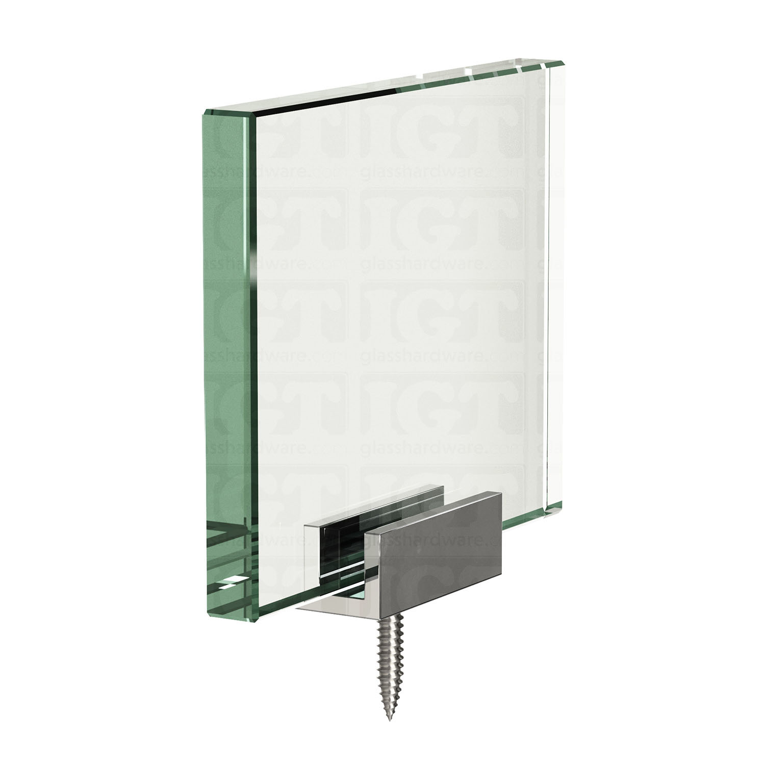 A technical image of a glass panel resting on the Floor Guide for Modern Sliding System. Chrome Polished.
