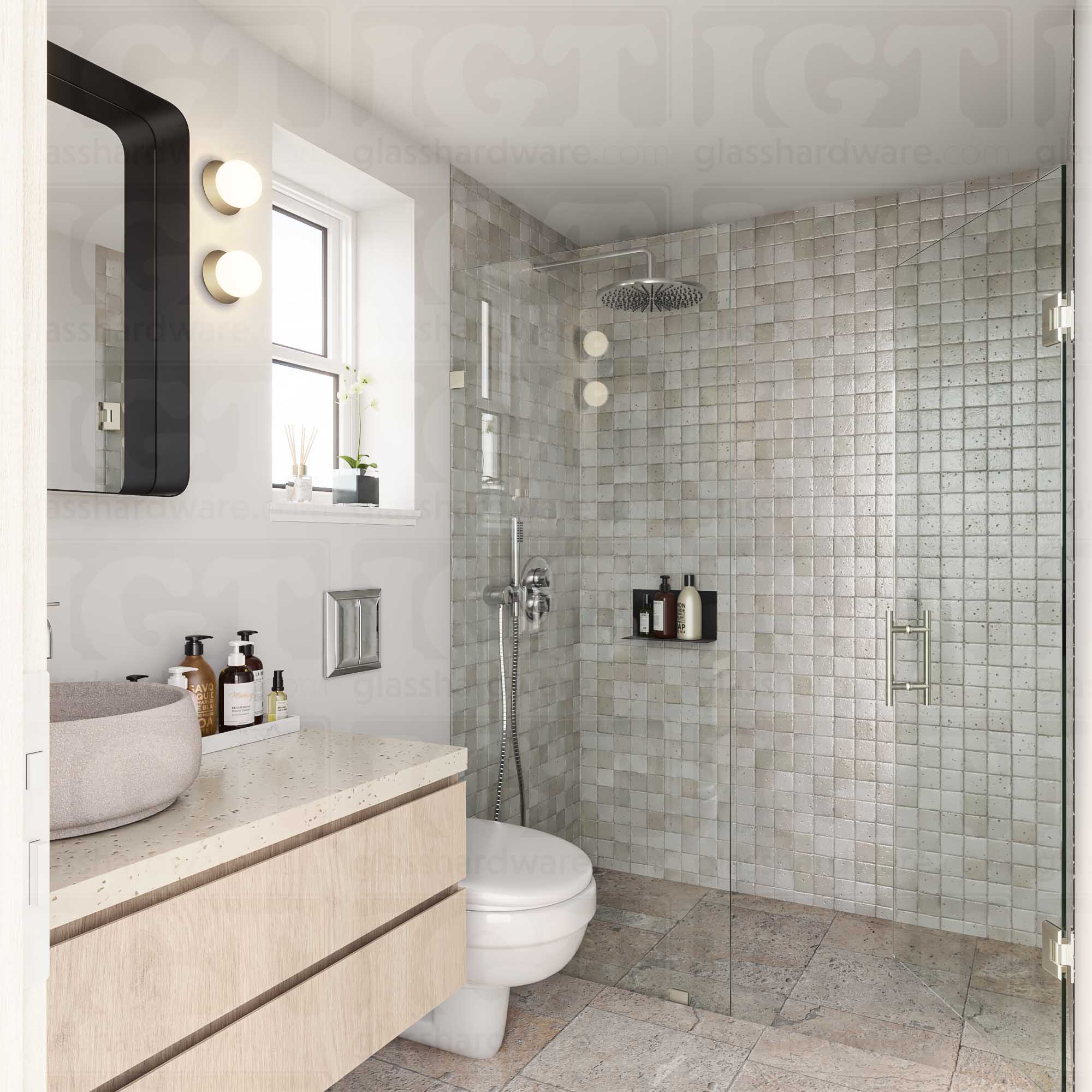 A modern bathroom with a glass shower door featuring the 6" Center-to-Center Round Ladder Handle. Brushed Nickel.