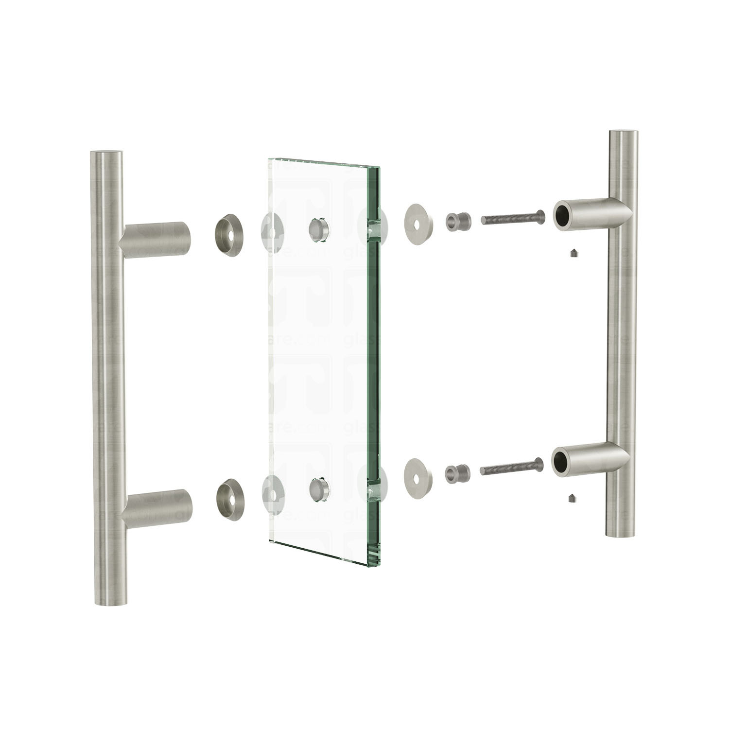 The 6" Center-to-Center Round Ladder Handle Handle being assembled onto a glass panel, exploded to see it's different components coming together. Brushed Nickel.