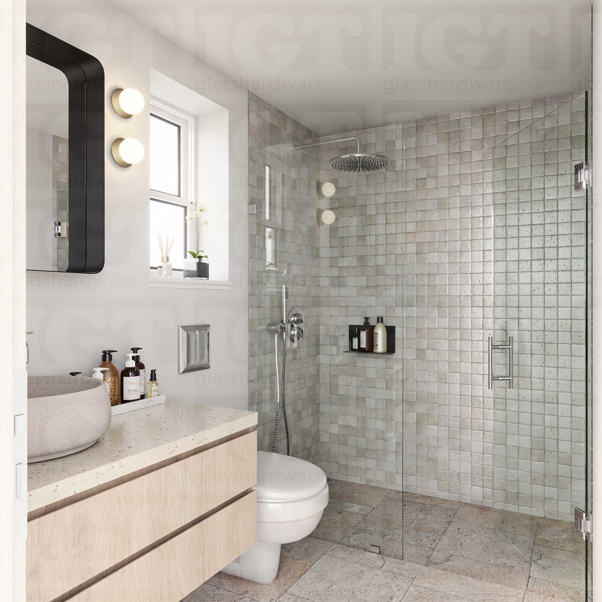 A modern bathroom with a glass shower door featuring the 6" Center-to-Center Round Ladder Handle. Chrome Polished.