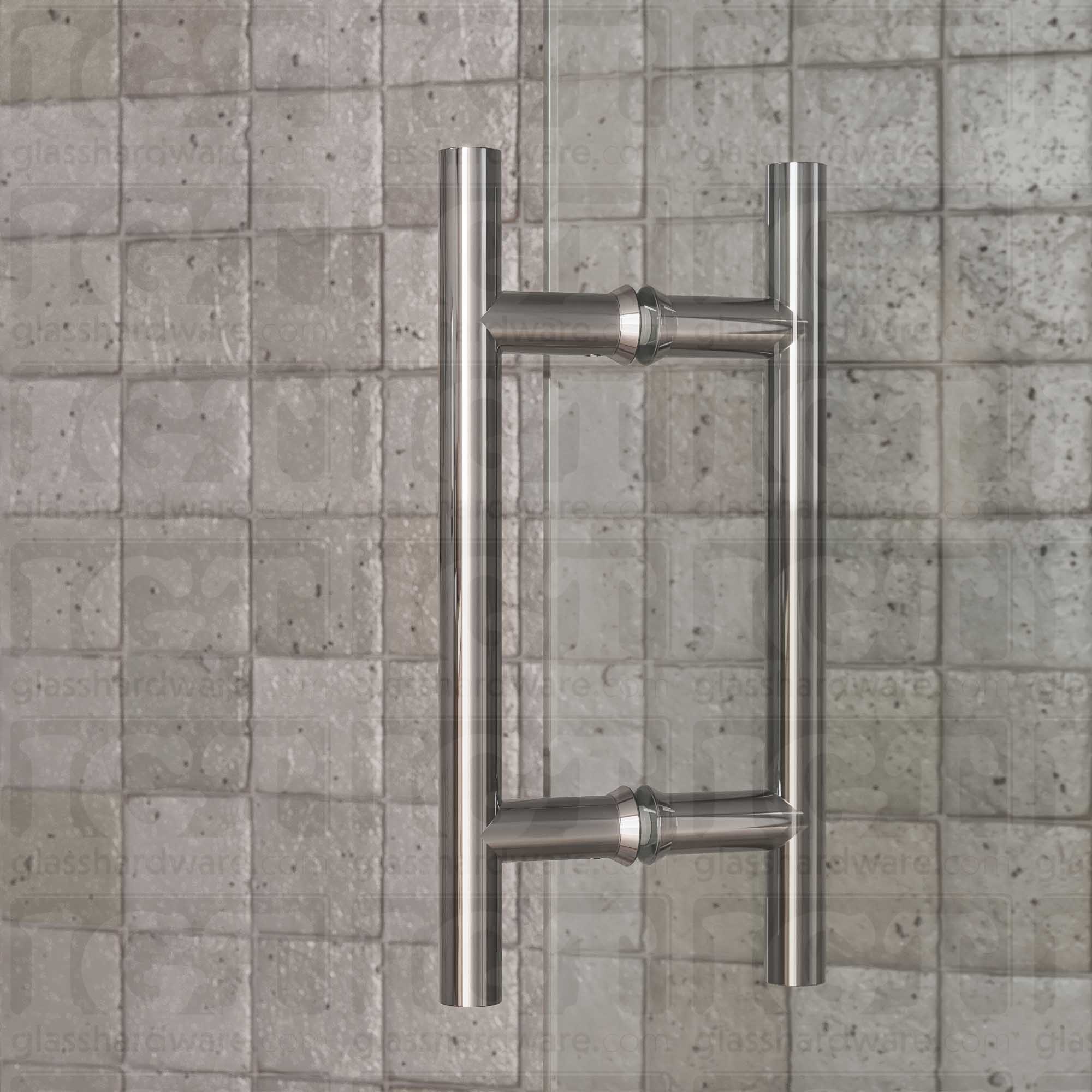 A close-up of the 6" Center-to-Center Round Ladder Handle installed on a glass shower door, showcasing its back-to-back design. Chrome Polished.