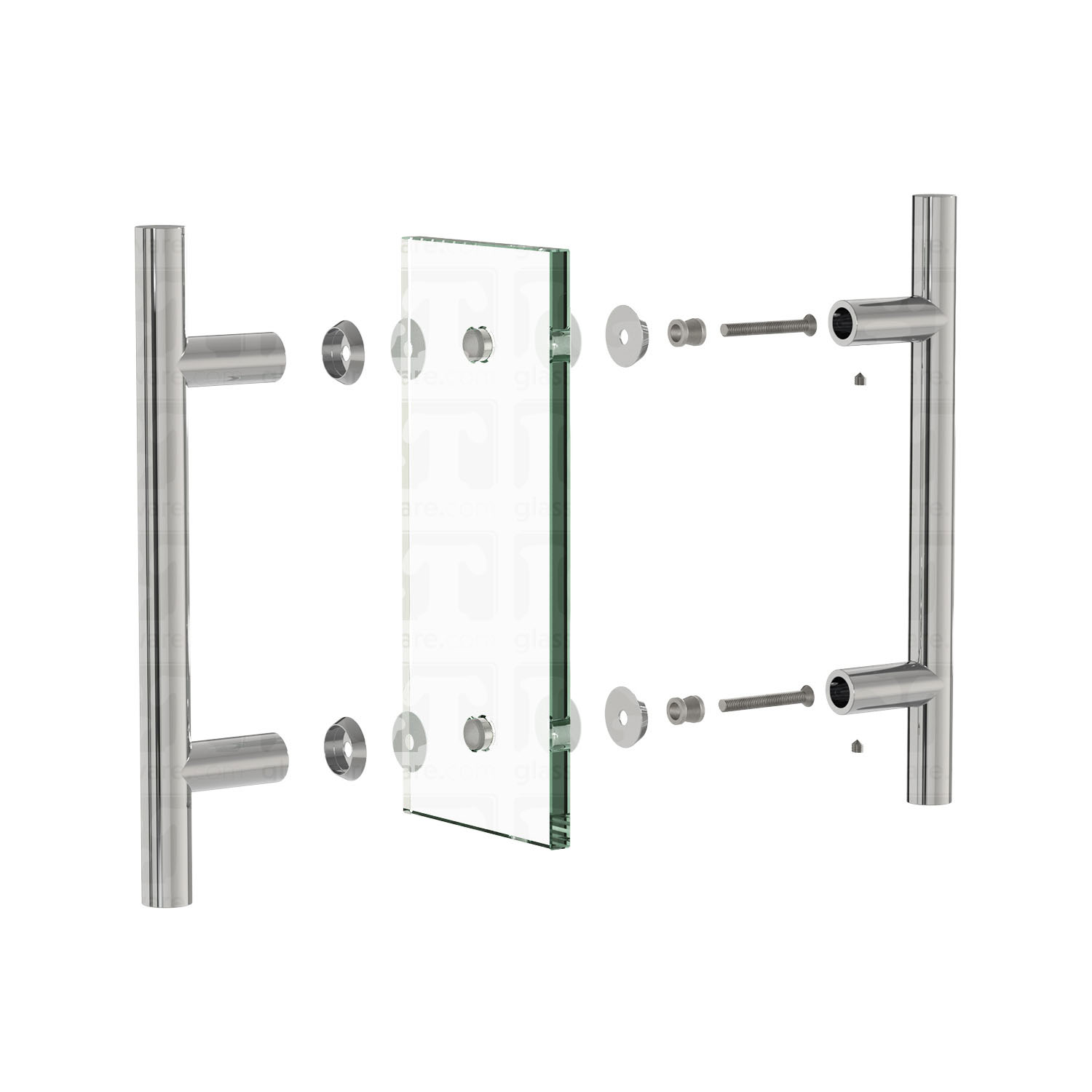 The 6" Center-to-Center Round Ladder Handle Handle being assembled onto a glass panel, exploded to see it's different components coming together. Chrome Polished.