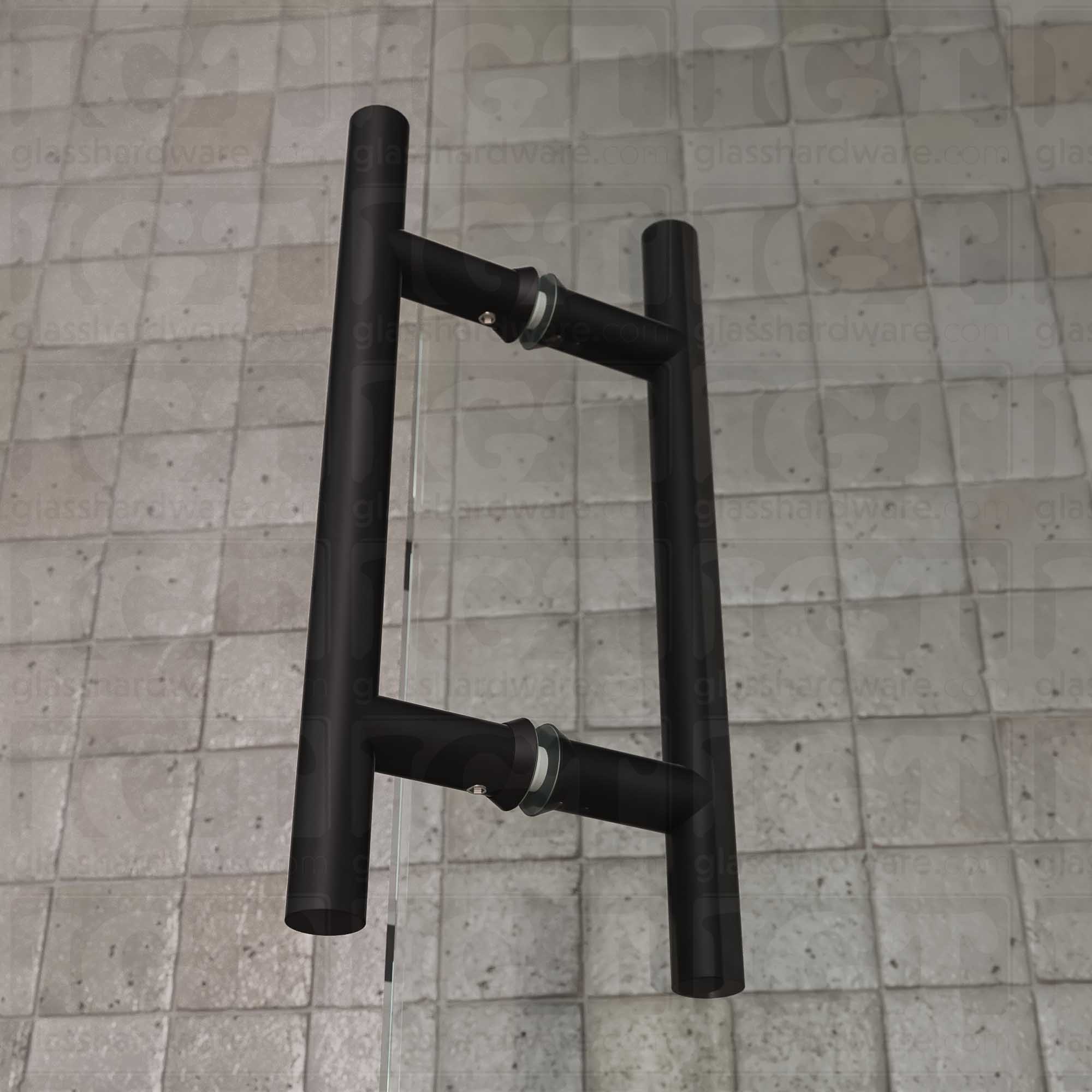 A close-up of the 6" Center-to-Center Round Ladder Handle installed on a glass shower door, showcasing its slim ladder style design. Matte Black.