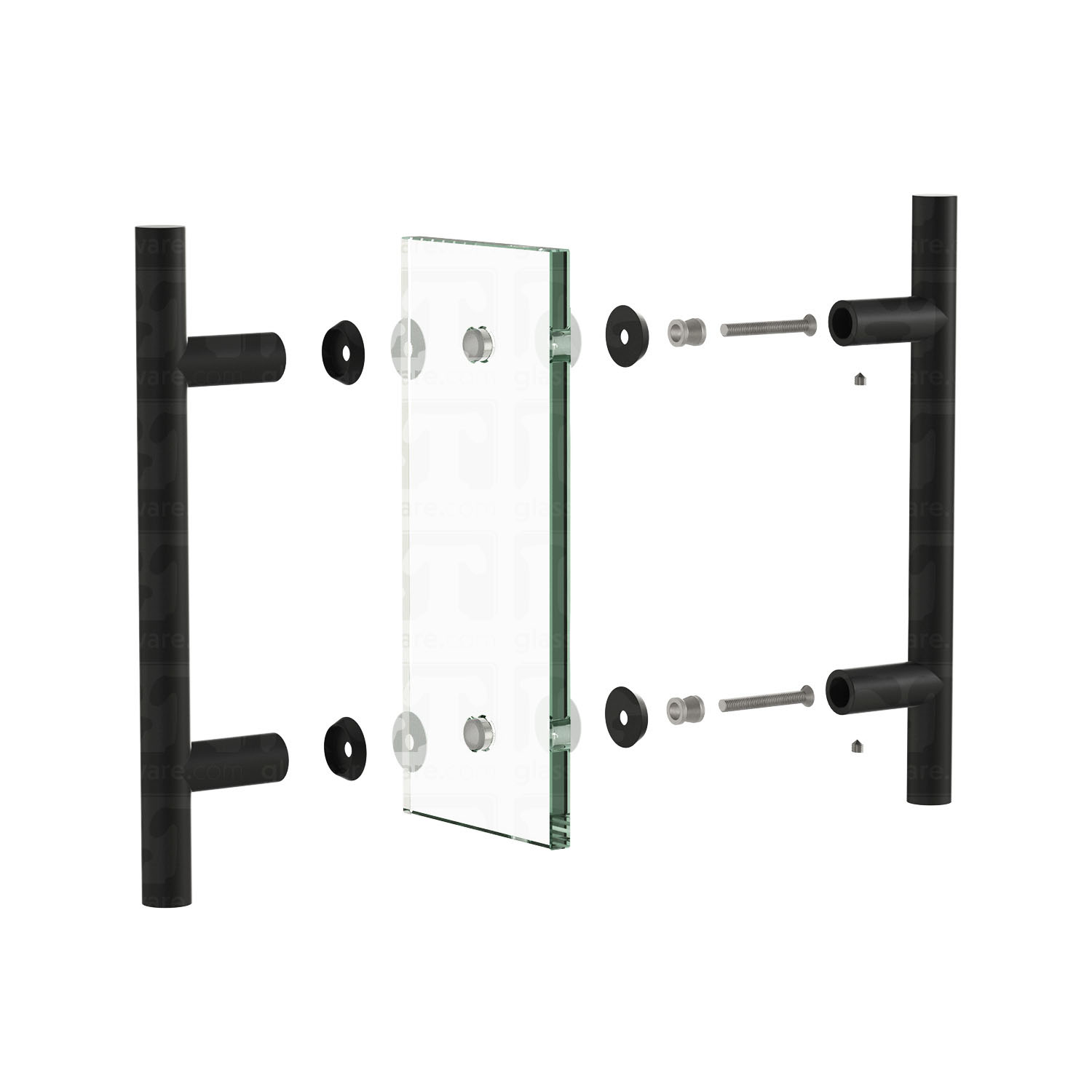 The 6" Center-to-Center Round Ladder Handle Handle being assembled onto a glass panel, exploded to see it's different components coming together. Matte Black.