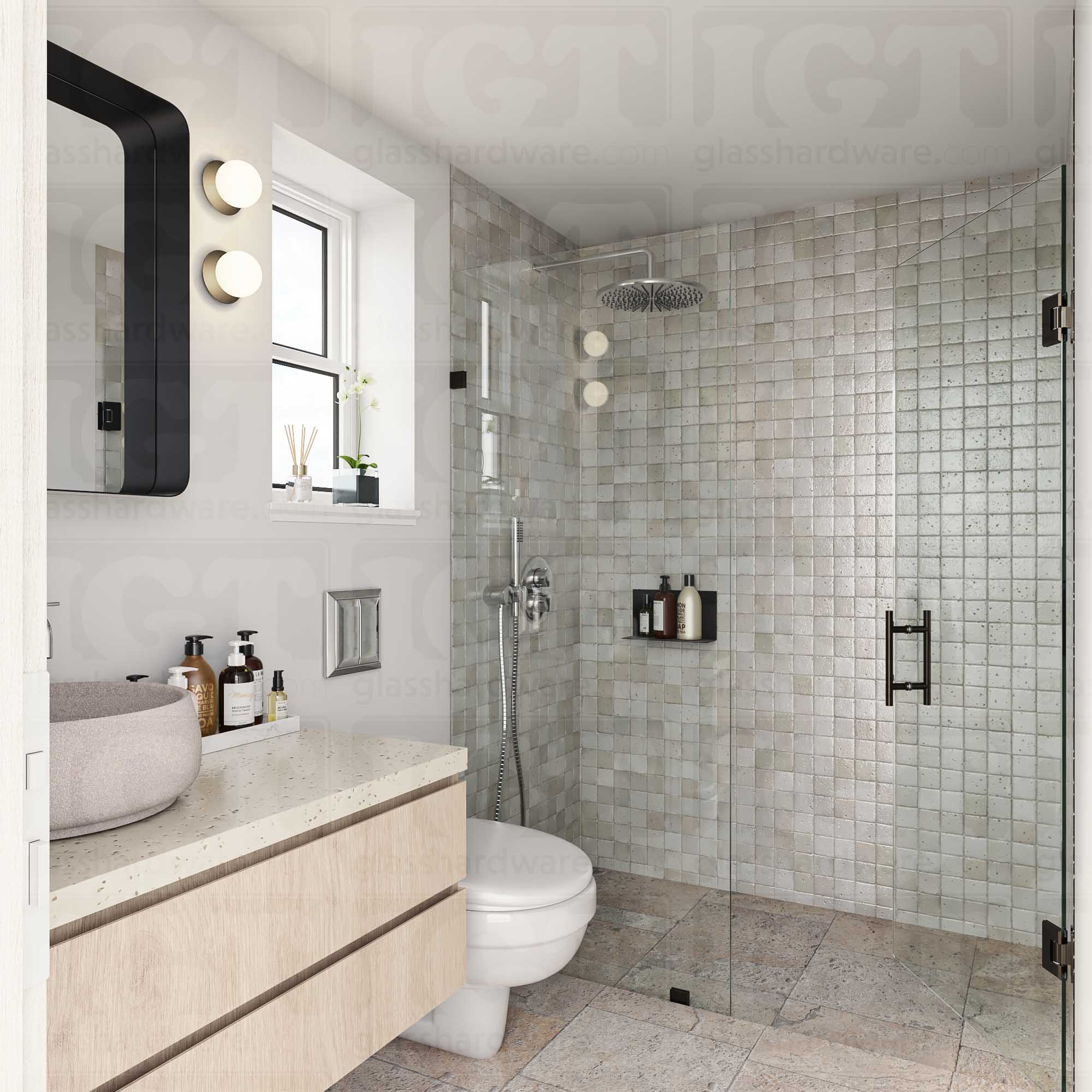 A modern bathroom with a glass shower door featuring the 6" Center-to-Center Round Ladder Handle. Oil Rubbed Bronze.