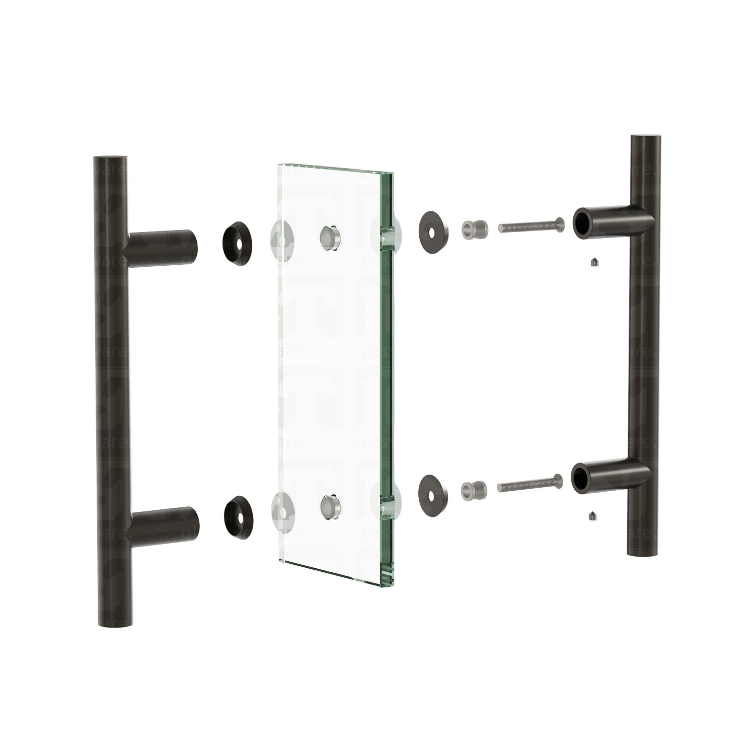 The 6" Center-to-Center Round Ladder Handle Handle being assembled onto a glass panel, exploded to see it's different components coming together. Oil Rubbed Bronze.