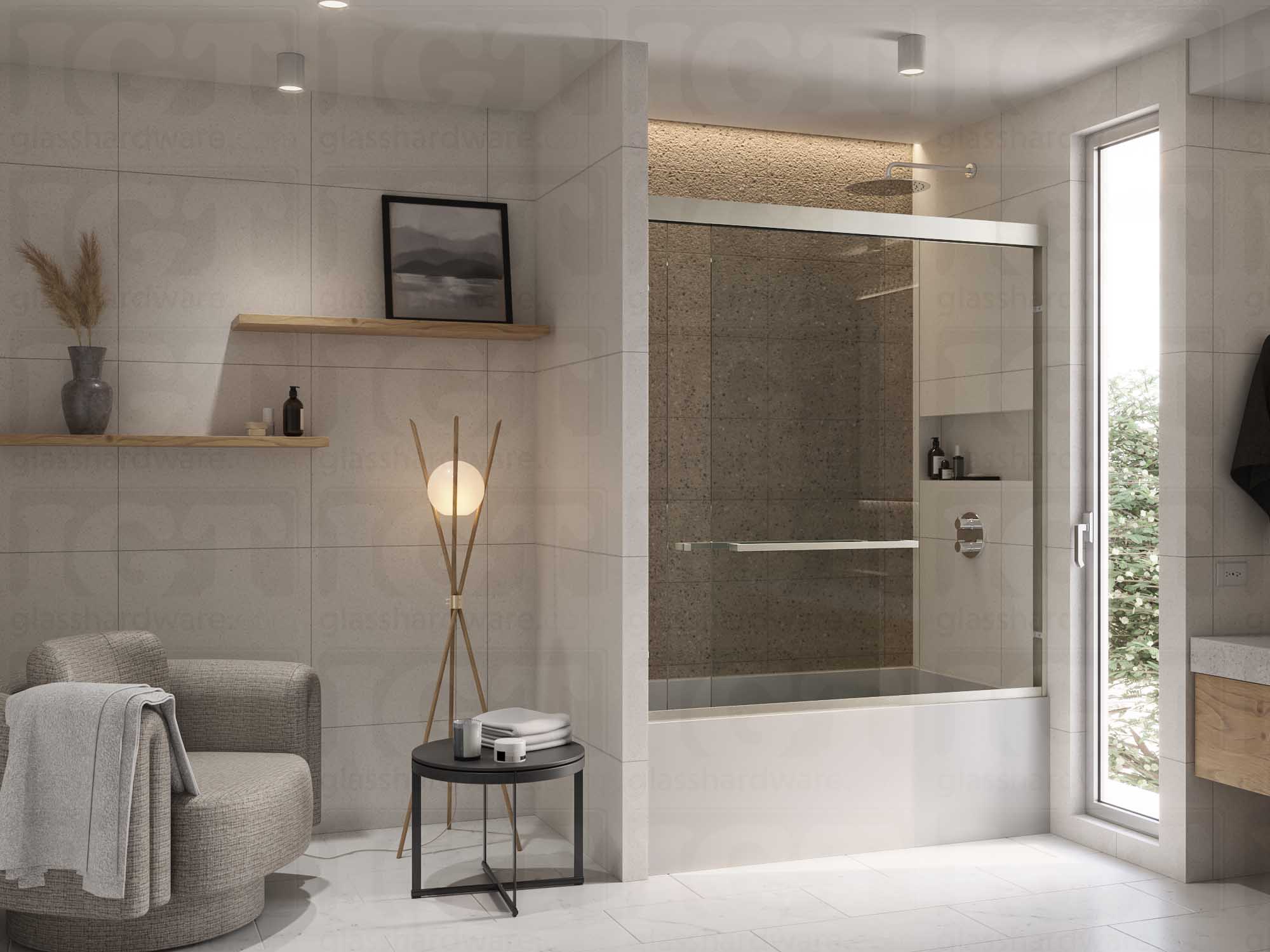 A modern bathroom with a sliding shower door featuring the 24” Slim Single-Sided Square Towel Bar. Brushed Stainless.