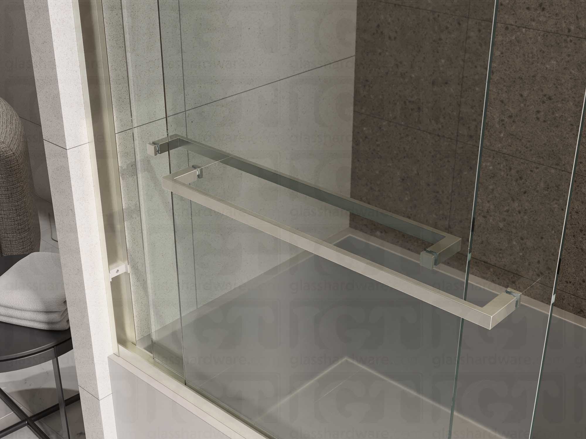 Two 24" Slim Single-Sided Square Towel Bars installed on a bypass sliding door system, one for each glass panel. Brushed Stainless.