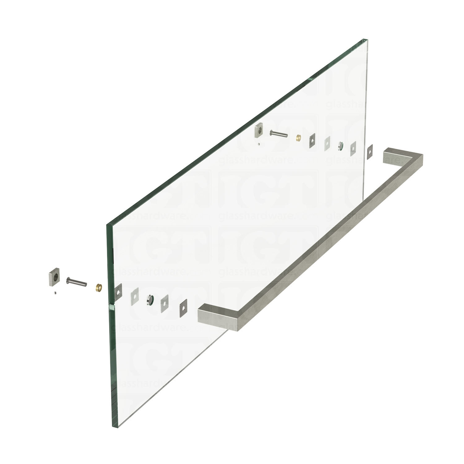 An exploded view of the 24” Slim Single-Sided Square Towel Bar being assembled onto a glass panel. Brushed Stainless.
