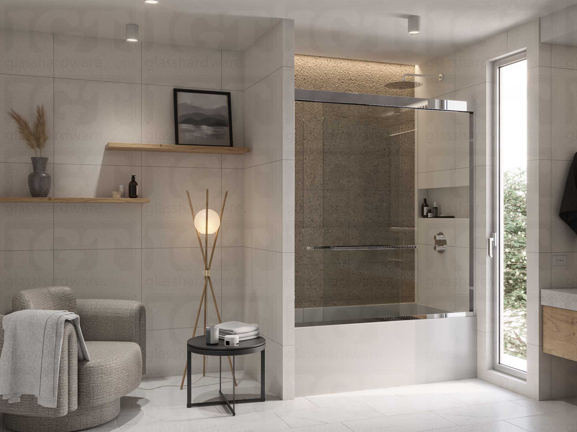 A modern bathroom with a sliding shower door featuring the 24” Slim Single-Sided Square Towel Bar. Polished Stainless.
