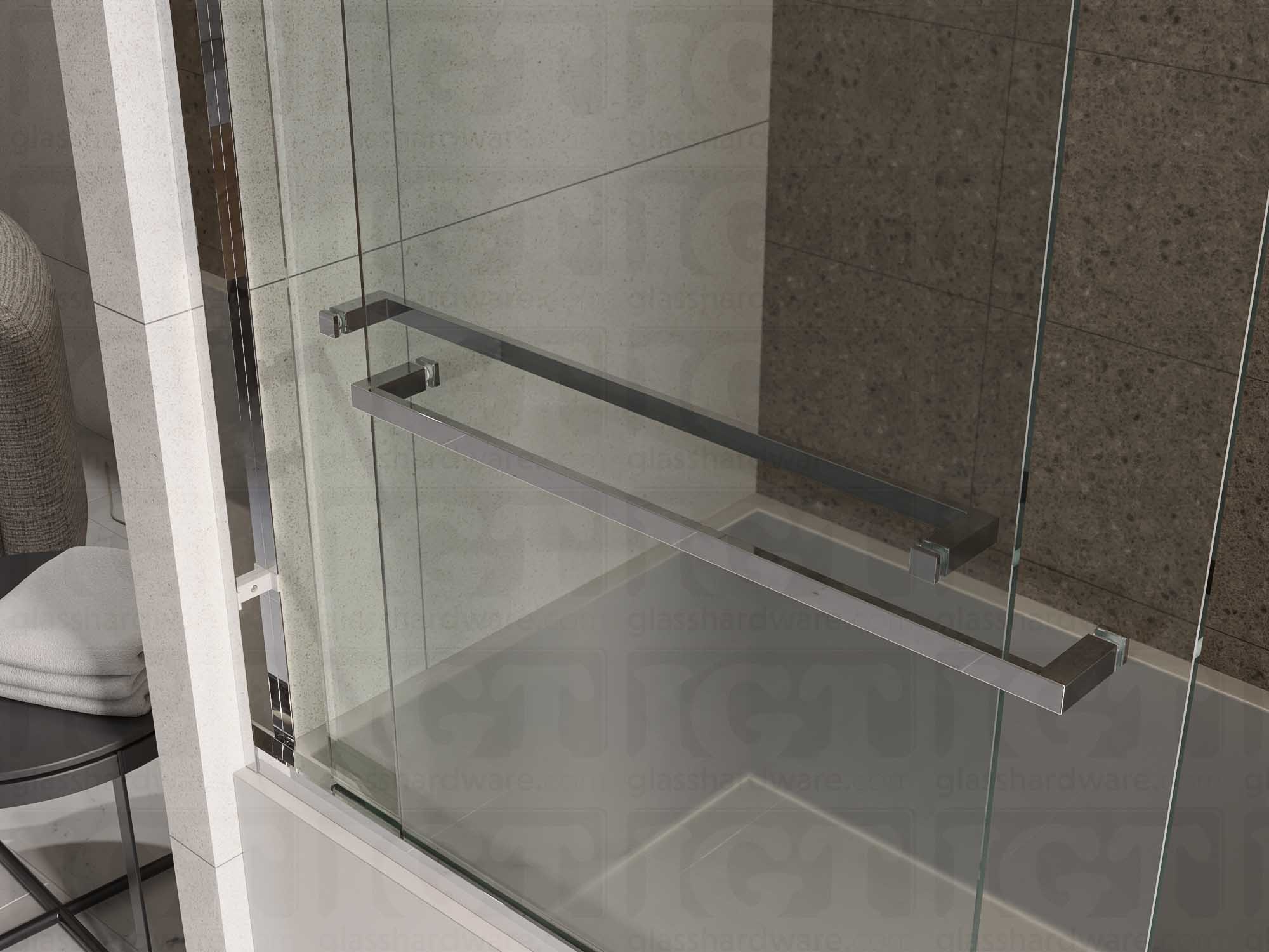 Two 24" Slim Single-Sided Square Towel Bars installed on a bypass sliding door system, one for each glass panel. Polished Stainless.