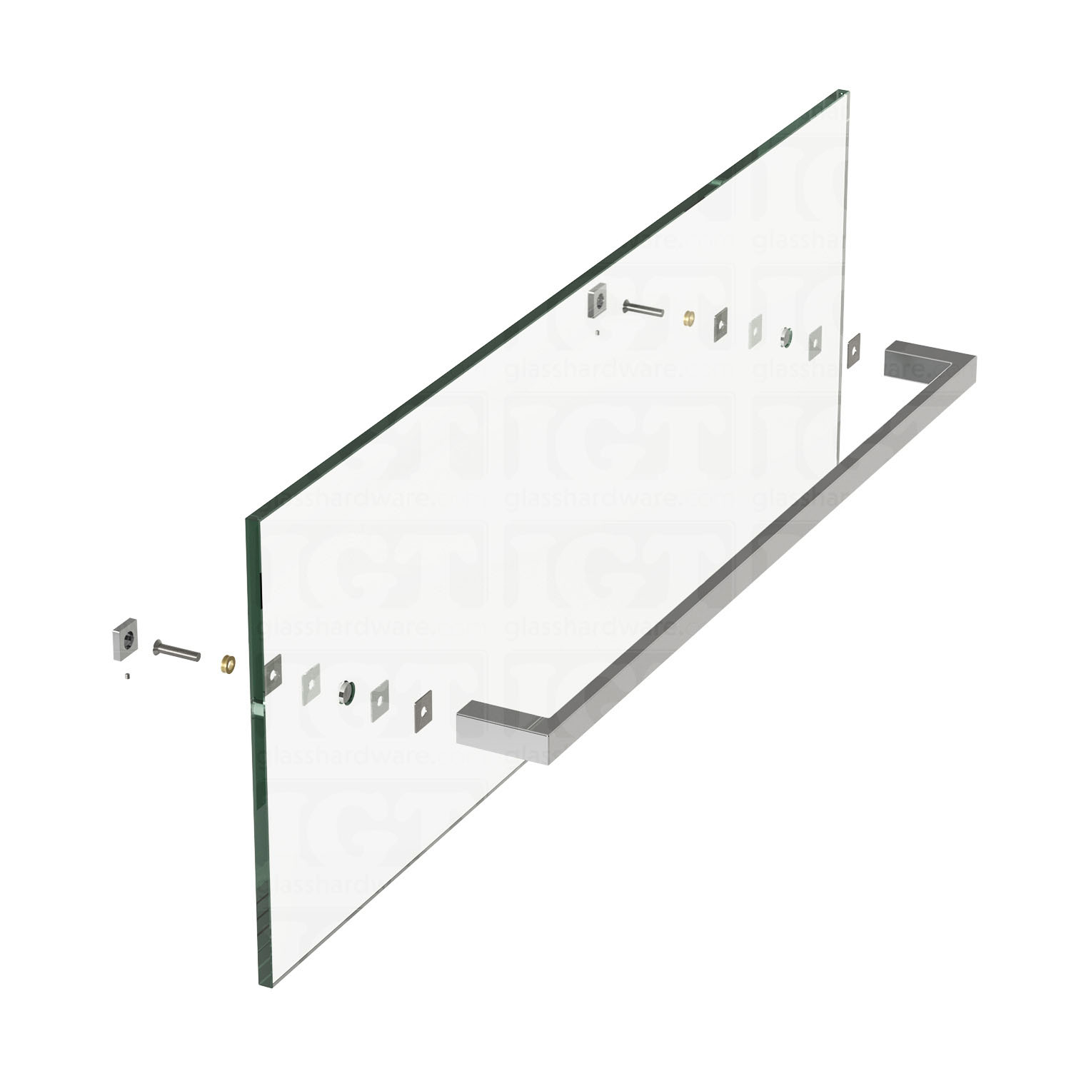 An exploded view of the 24” Slim Single-Sided Square Towel Bar being assembled onto a glass panel. Polished Stainless.
