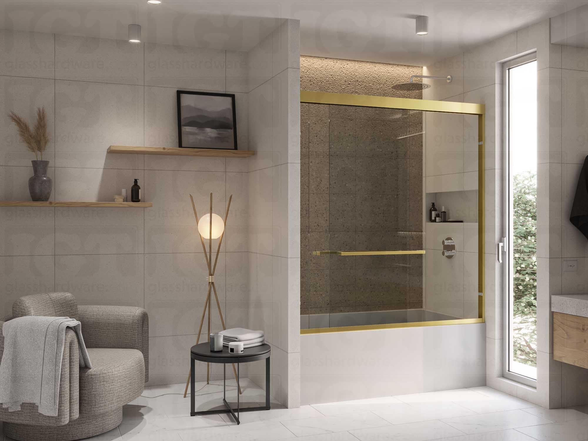A modern bathroom with a sliding shower door featuring the 24” Slim Single-Sided Square Towel Bar. Gold Brushed.