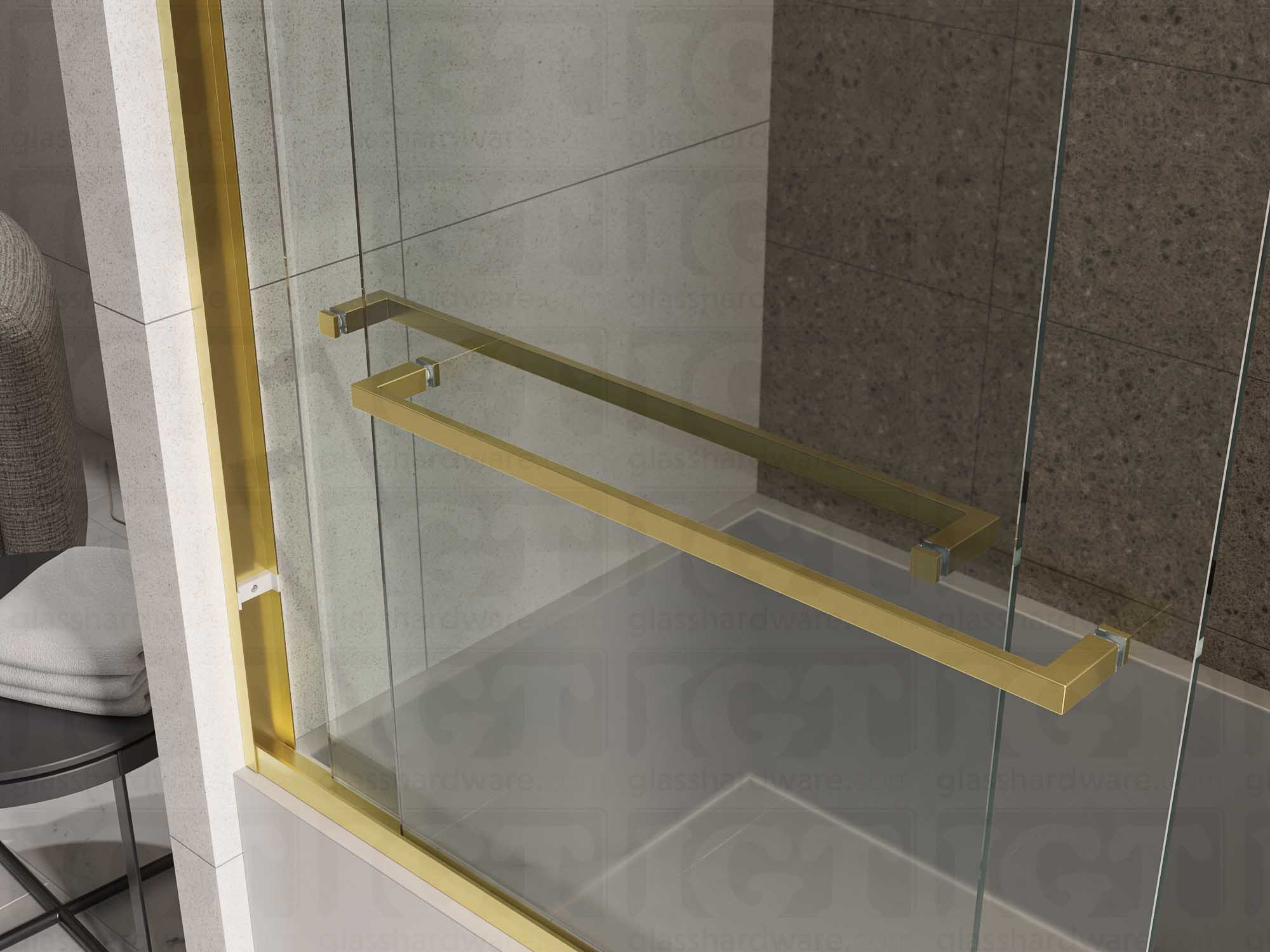 Two 24" Slim Single-Sided Square Towel Bars installed on a bypass sliding door system, one for each glass panel. Gold Brushed.