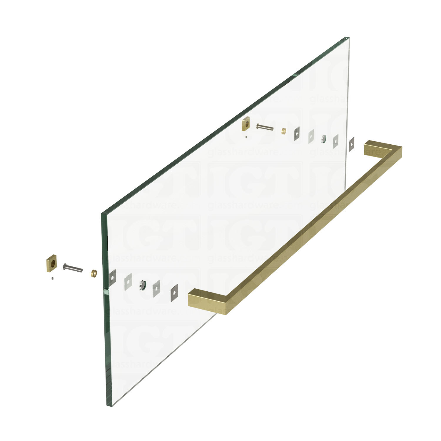 An exploded view of the 24” Slim Single-Sided Square Towel Bar being assembled onto a glass panel. Gold Brushed.