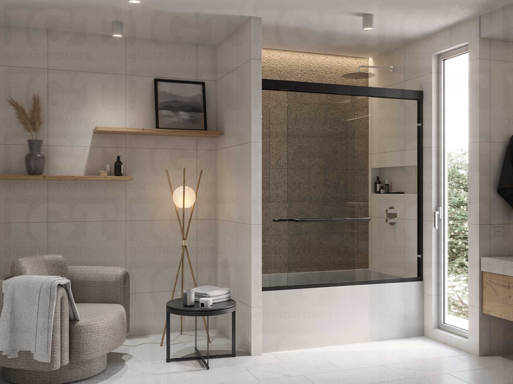 A modern bathroom with a sliding shower door featuring the 24” Slim Single-Sided Square Towel Bar. Matte Black.