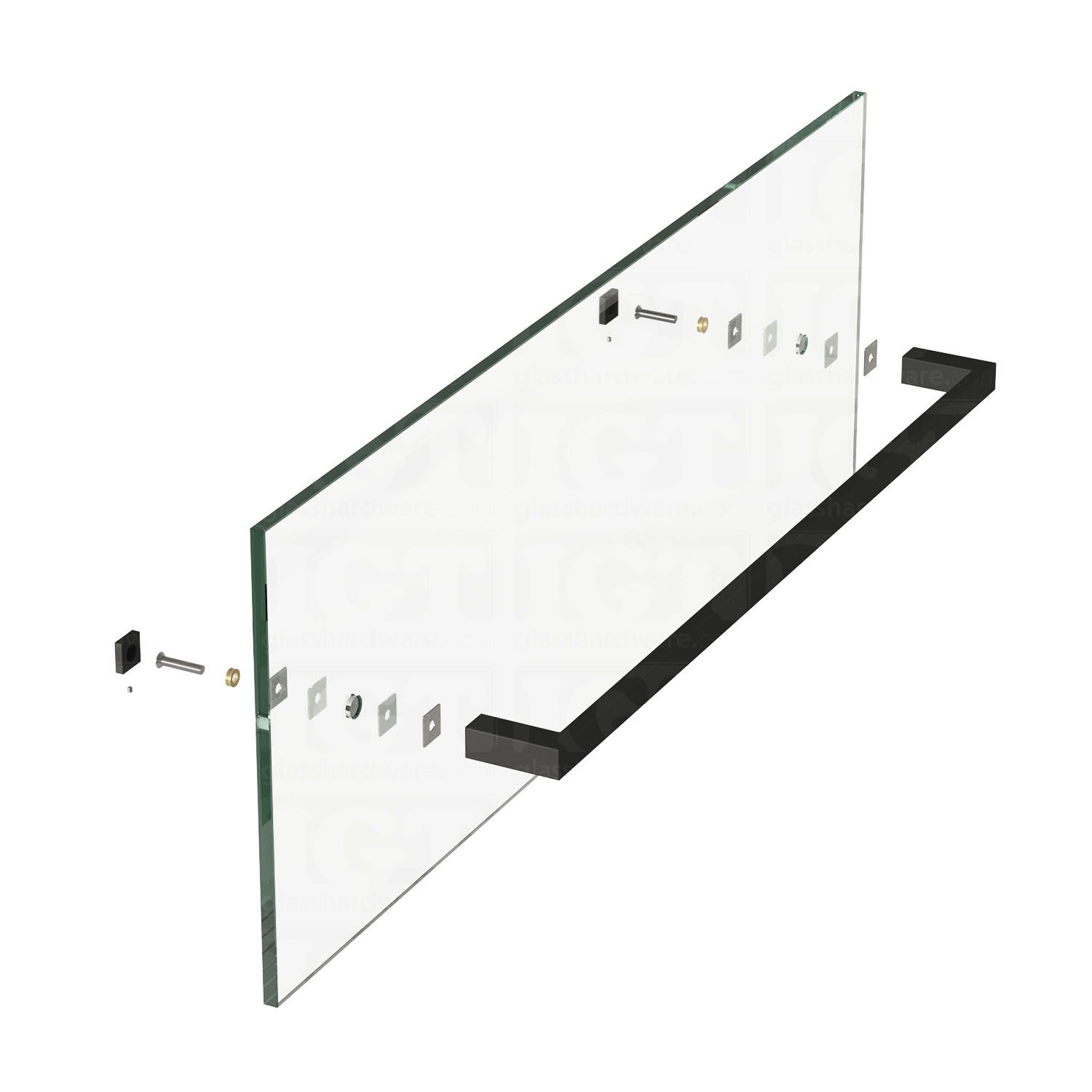 An exploded view of the 24” Slim Single-Sided Square Towel Bar being assembled onto a glass panel. Matte Black.